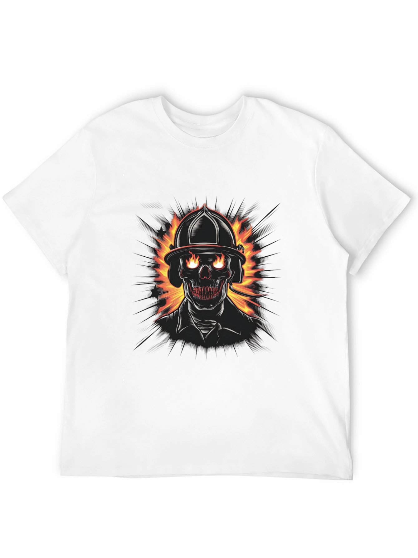 Fiery Firefighter Skull Graphic Tee - Black Cotton T-Shirt