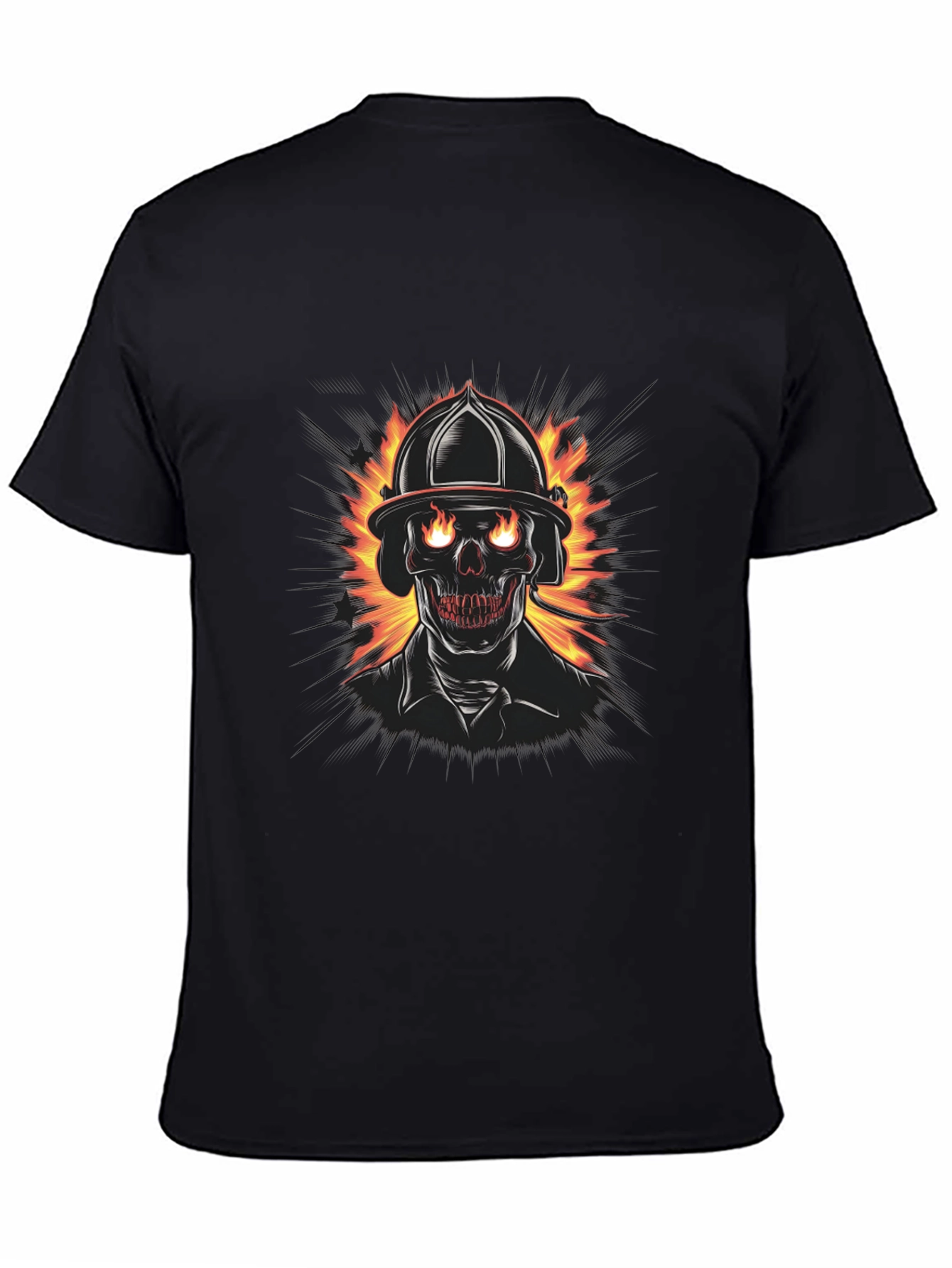 Fiery Firefighter Skull Graphic Tee - Black Cotton T-Shirt