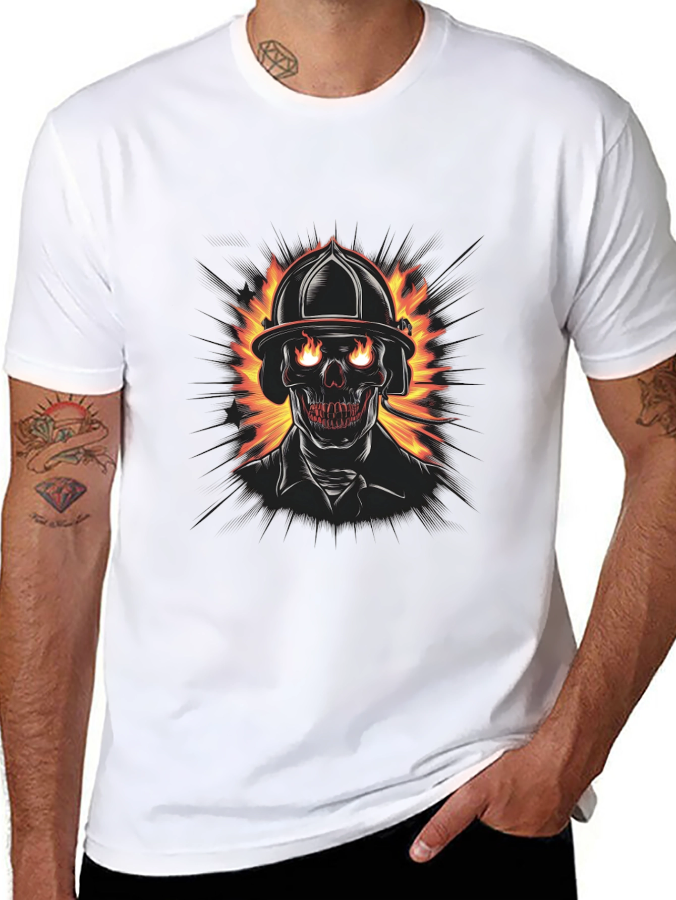 Fiery Firefighter Skull Graphic Tee - Black Cotton T-Shirt