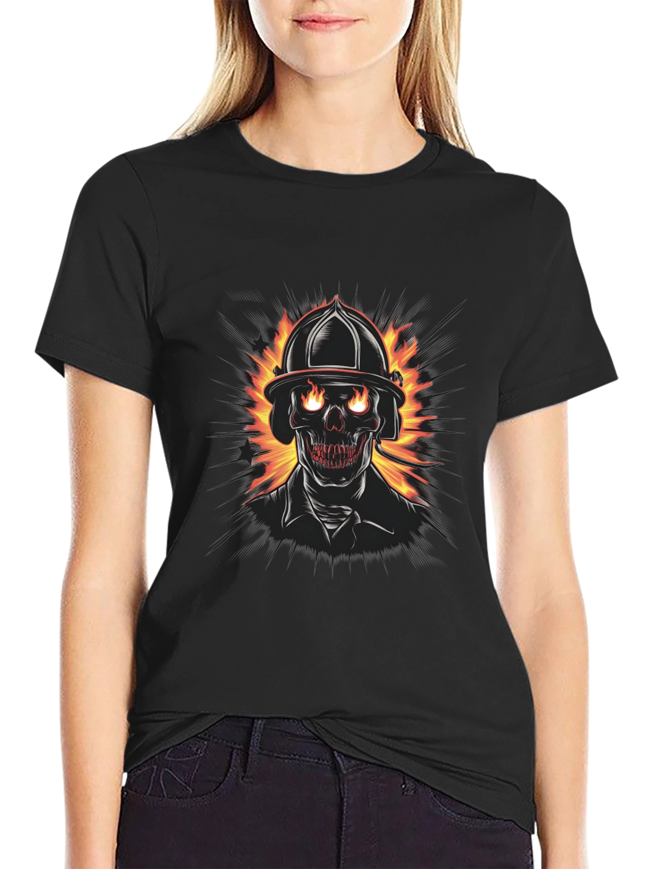 Fiery Firefighter Skull Graphic Tee - Black Cotton T-Shirt