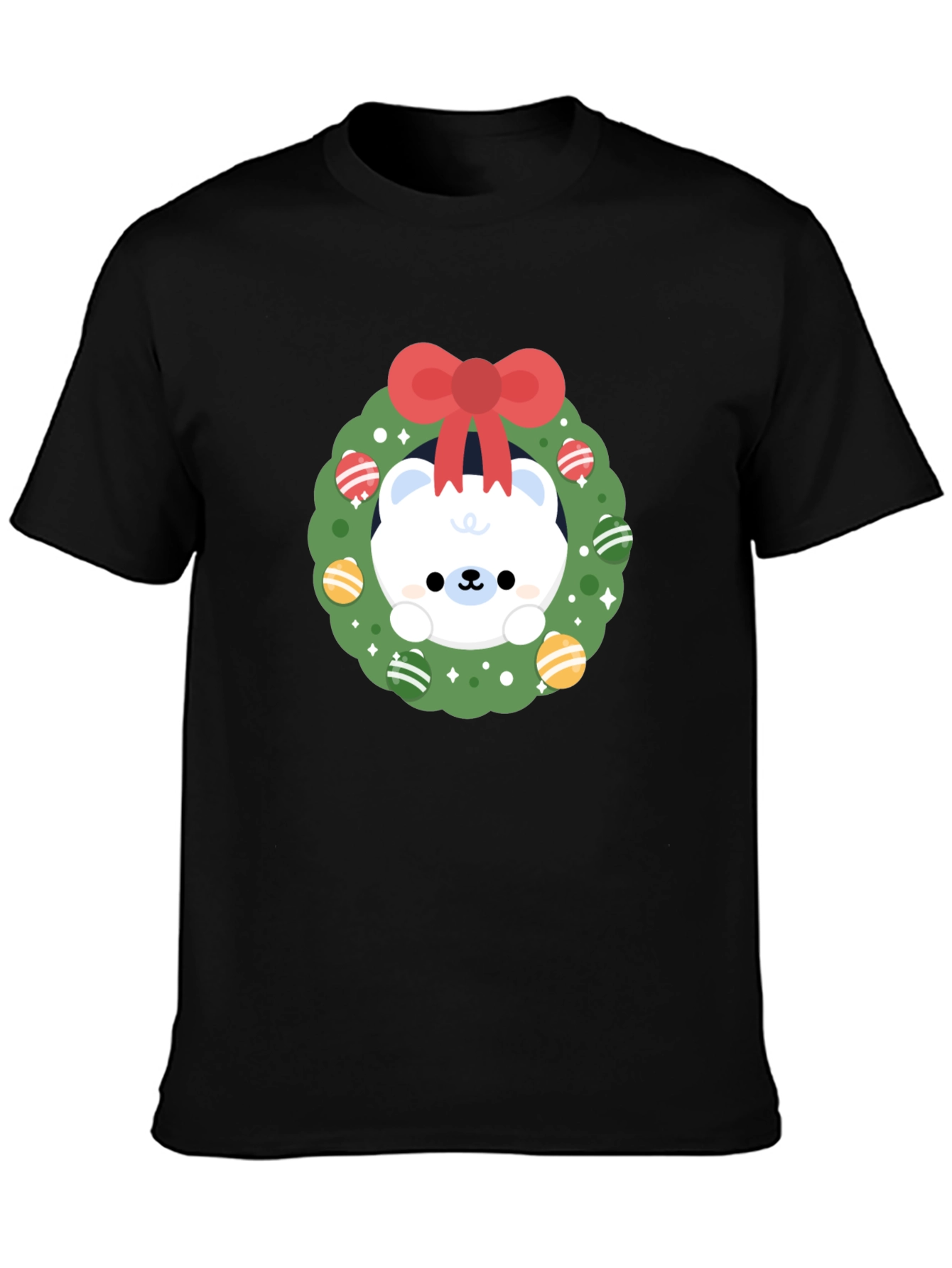 Festive Polar Bear Wreath Graphic Tee - Holiday Cheer