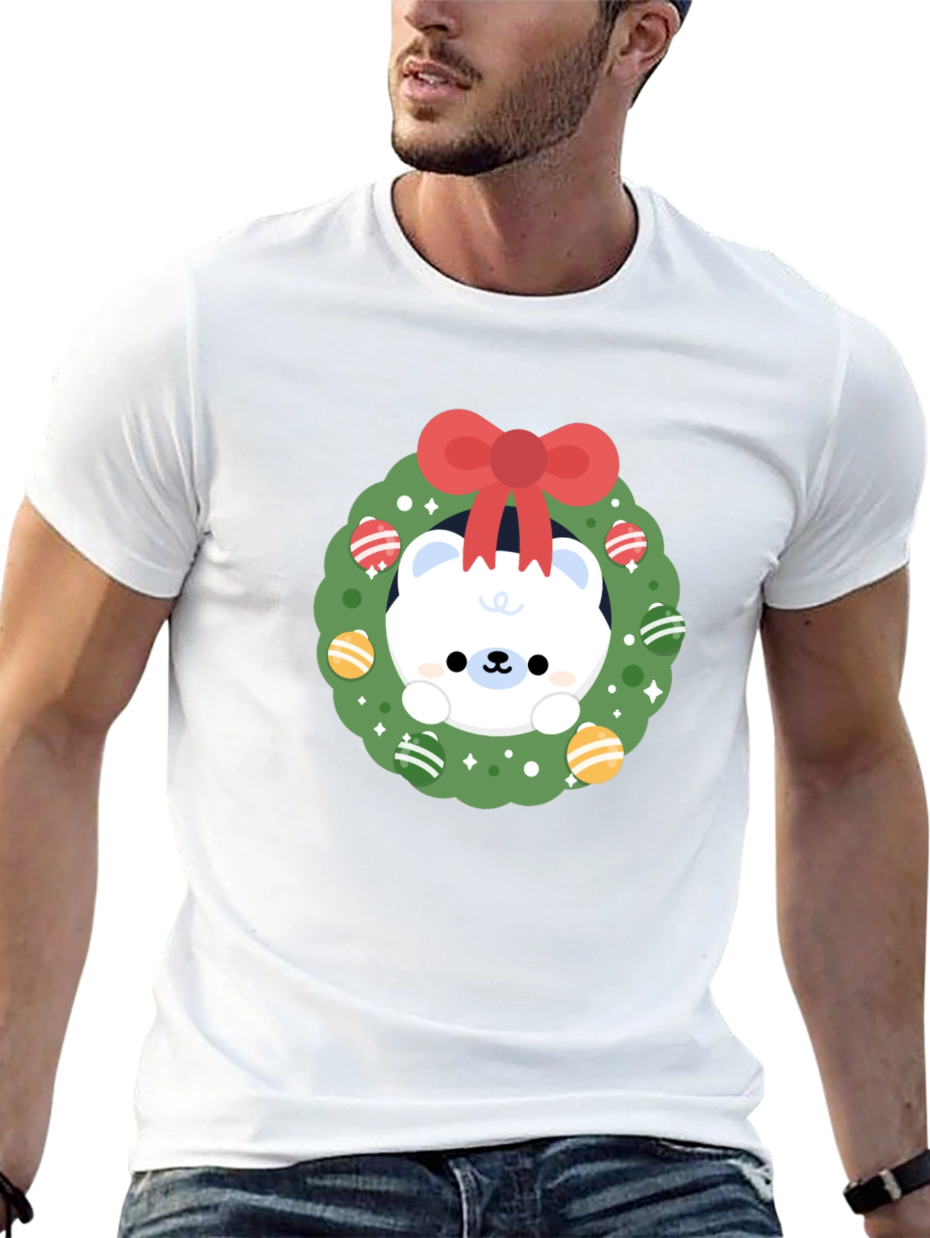 Festive Polar Bear Wreath Graphic Tee - Holiday Cheer