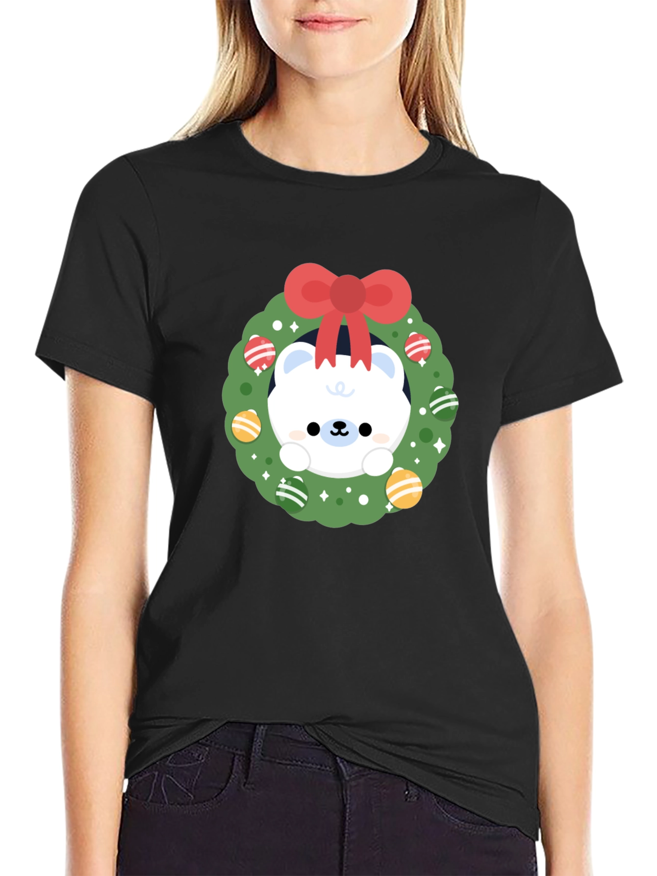 Festive Polar Bear Wreath Graphic Tee - Holiday Cheer