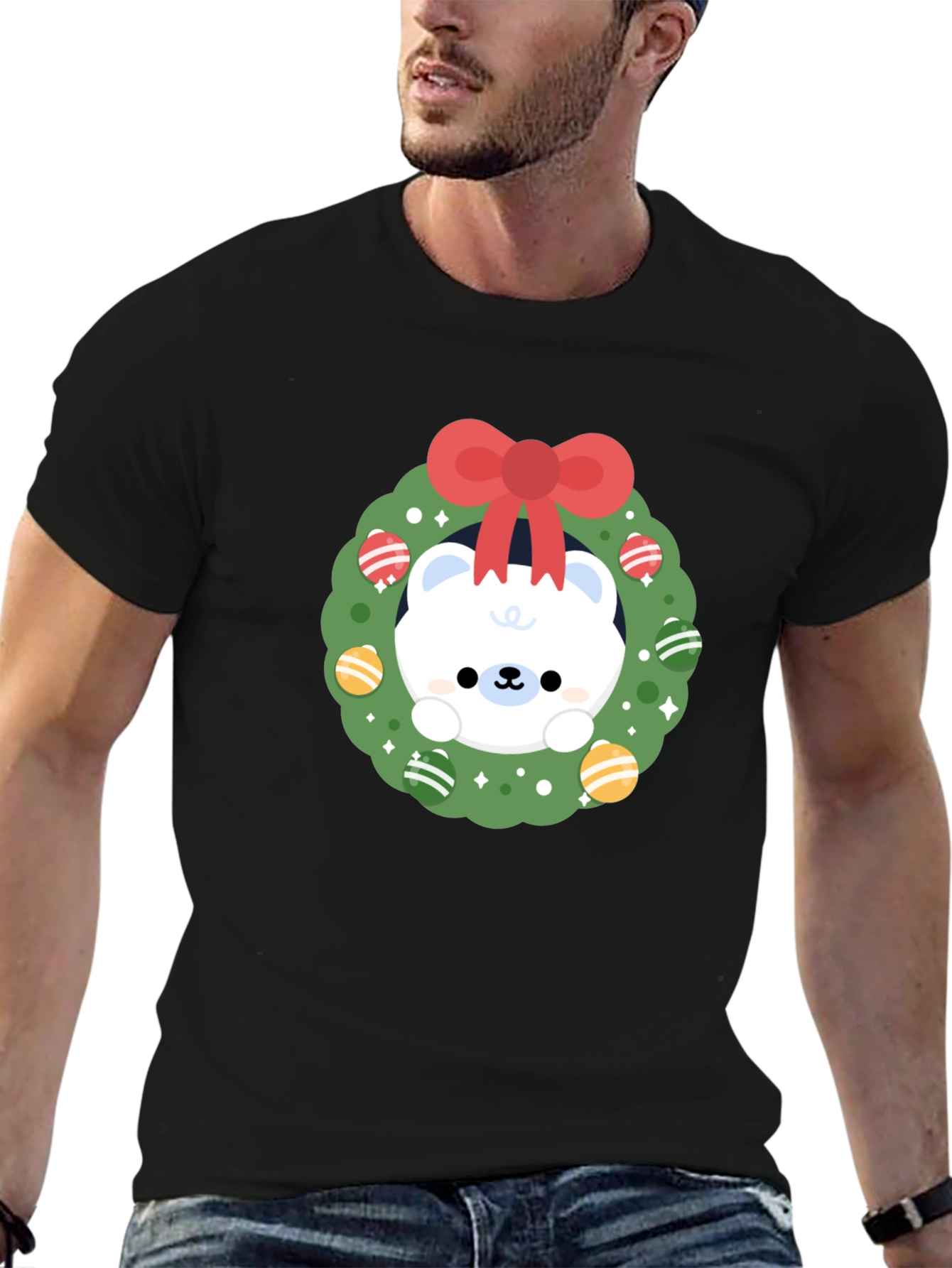 Festive Polar Bear Wreath Graphic Tee - Holiday Cheer