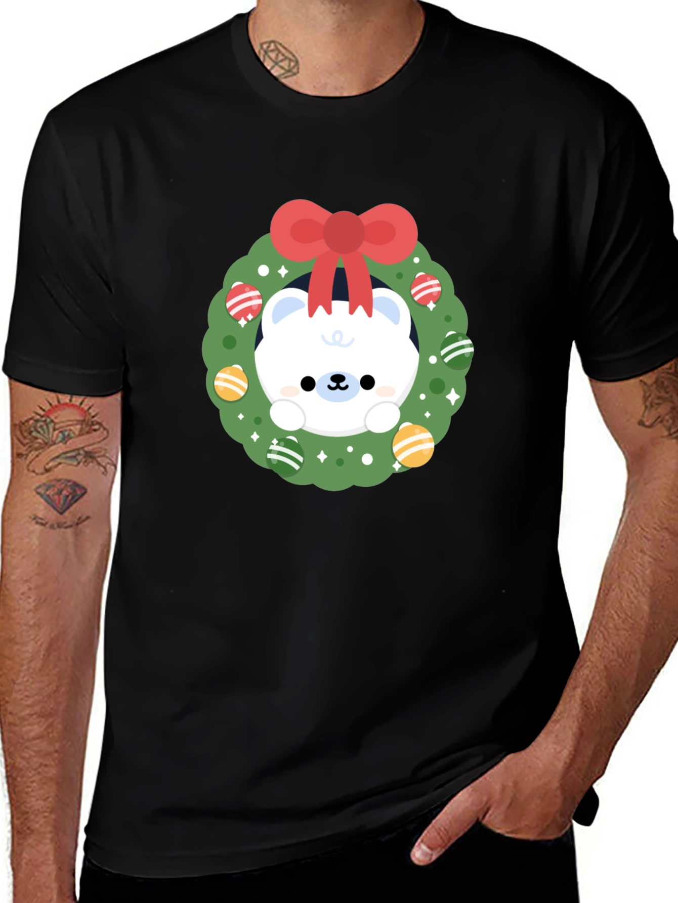 Festive Polar Bear Wreath Graphic Tee - Holiday Cheer