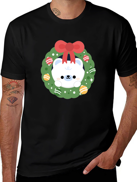 Festive Polar Bear Wreath Graphic Tee - Holiday Cheer