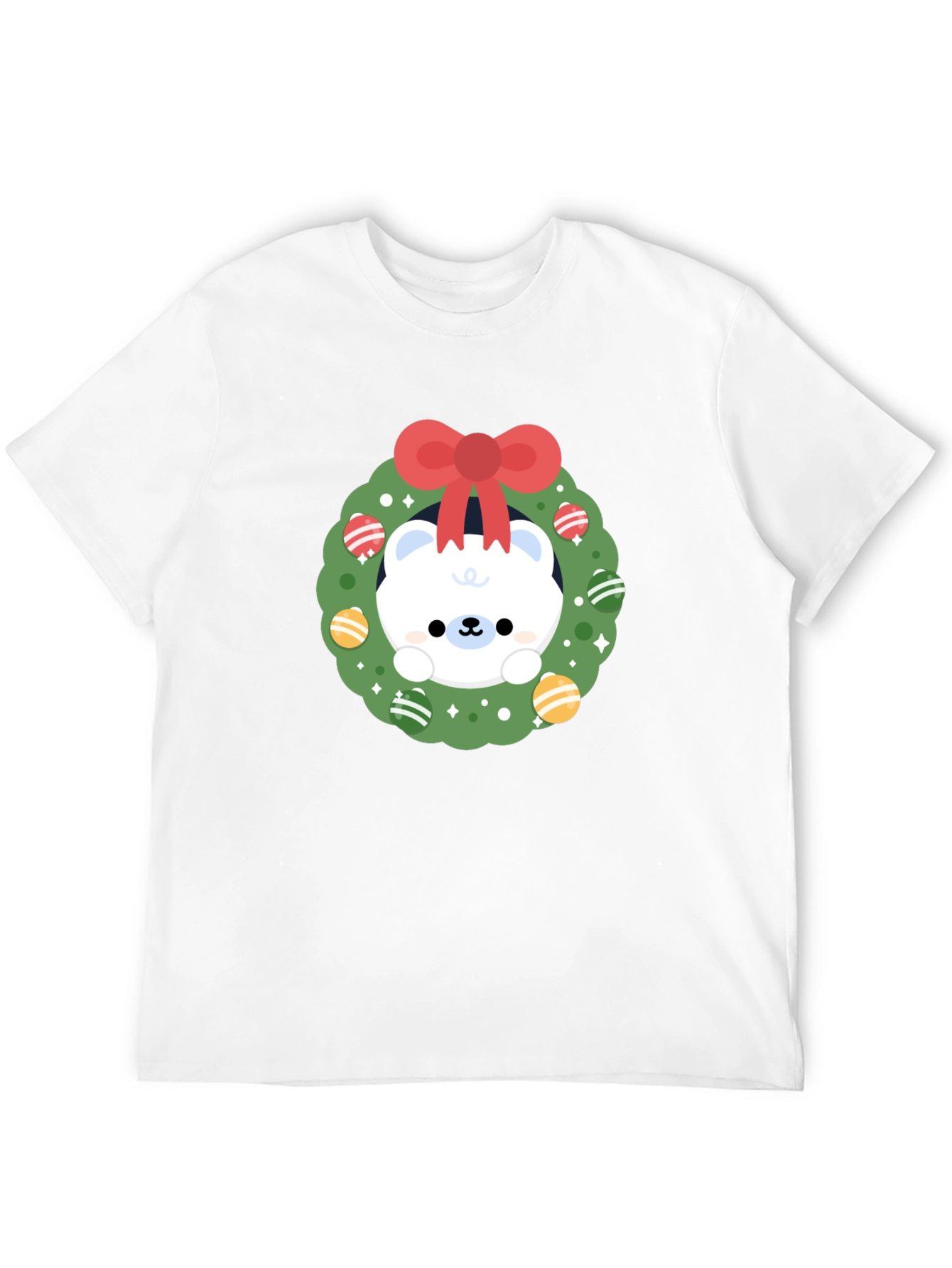 Festive Polar Bear Wreath Graphic Tee - Holiday Cheer