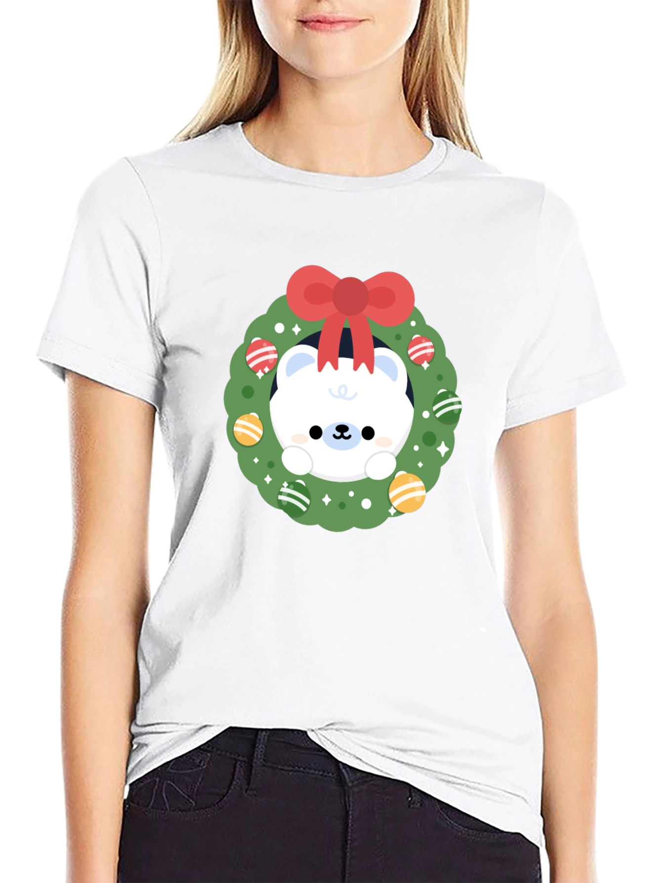 Festive Polar Bear Wreath Graphic Tee - Holiday Cheer