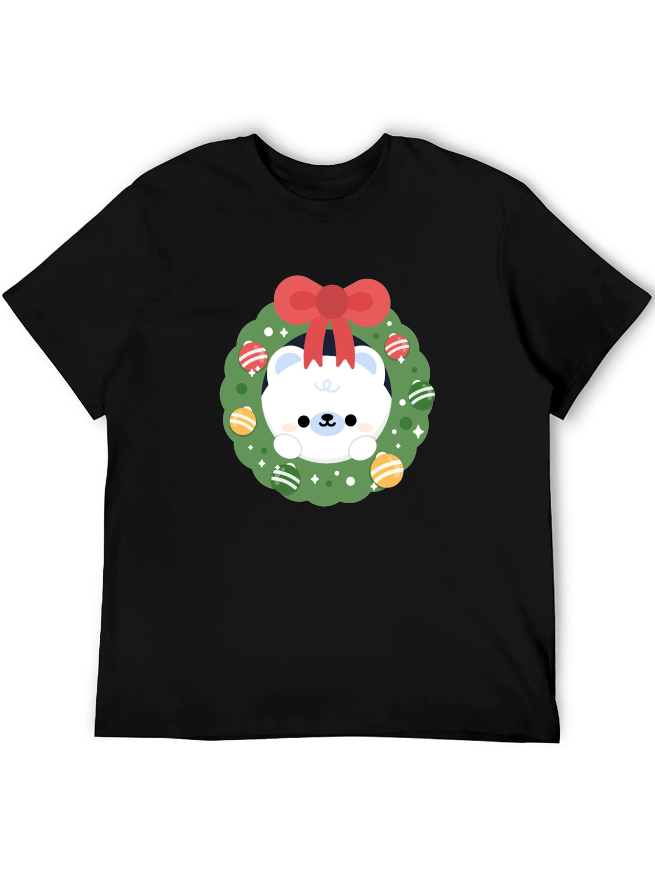 Festive Polar Bear Wreath Graphic Tee - Holiday Cheer