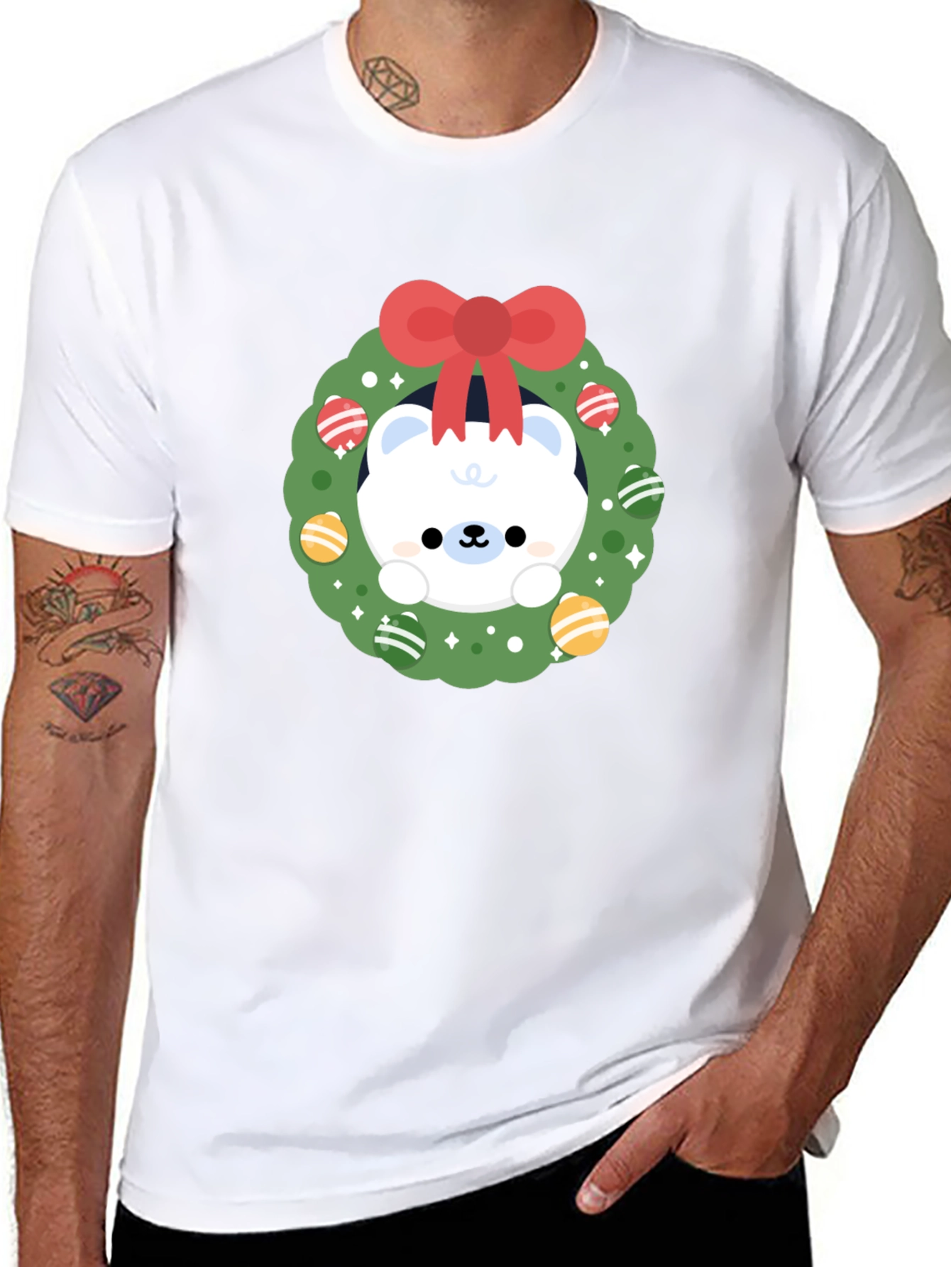 Festive Polar Bear Wreath Graphic Tee - Holiday Cheer
