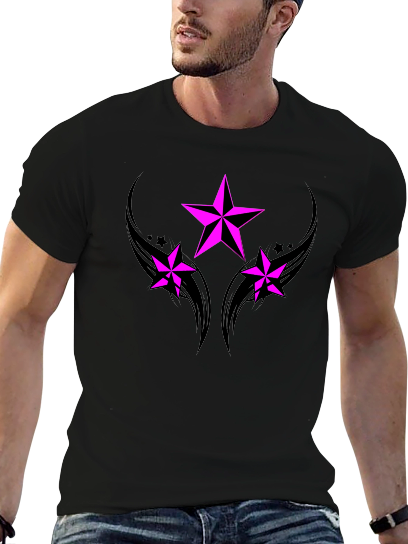 Black T-Shirt with Pink Star Graphic