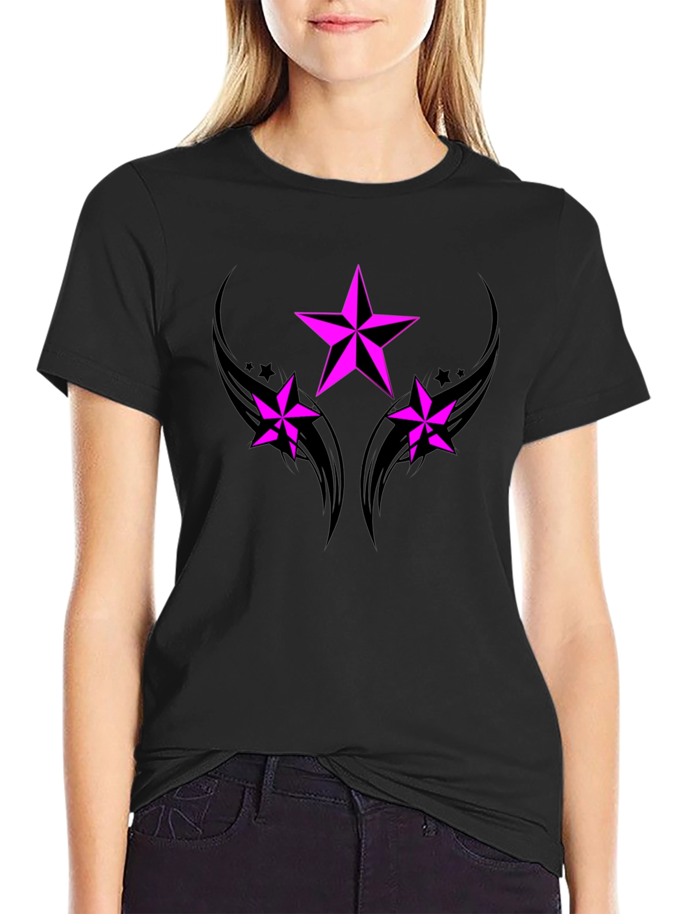 Black T-Shirt with Pink Star Graphic