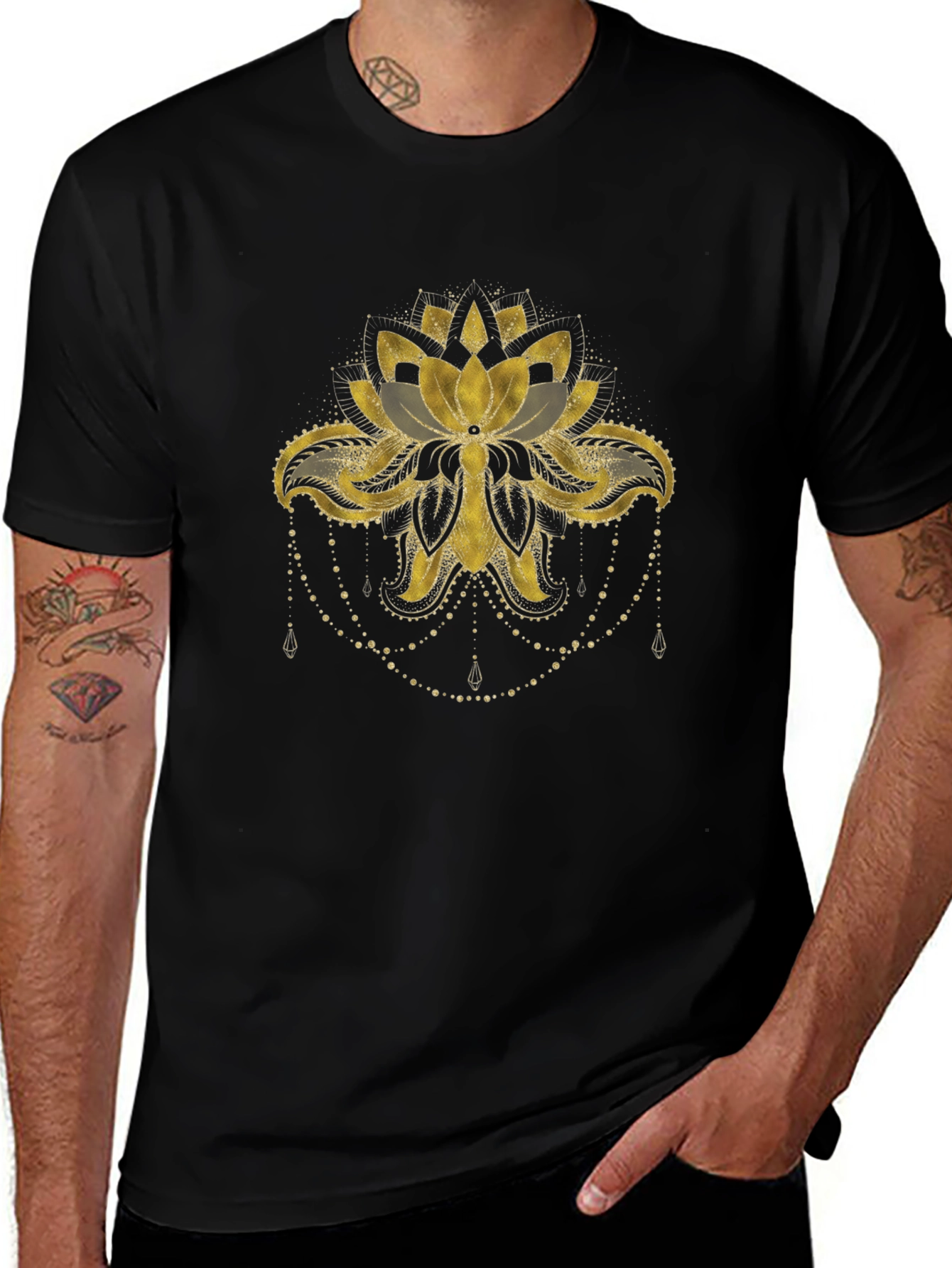 Lotus Gold Print Black T-Shirt