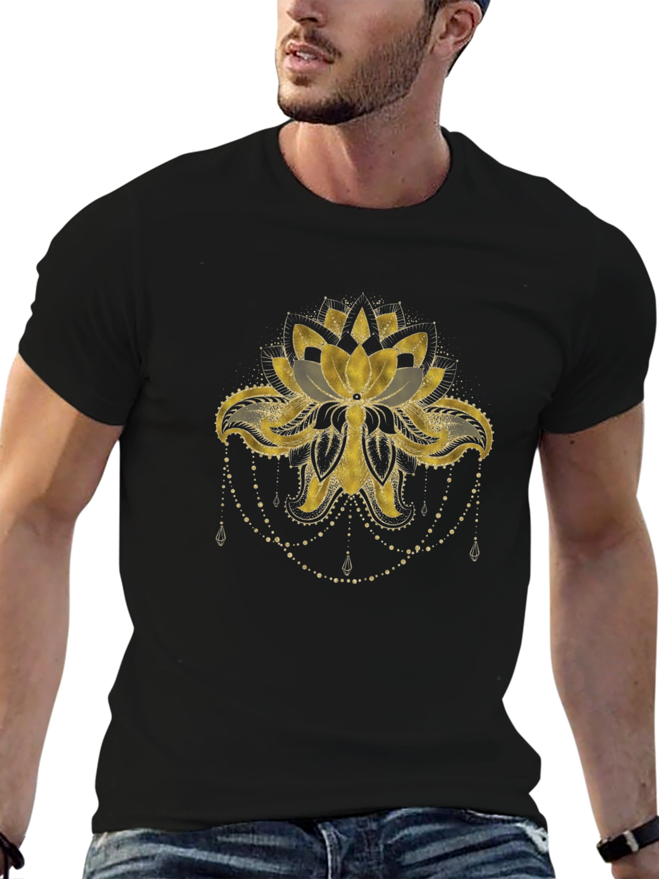 Lotus Gold Print Black T-Shirt