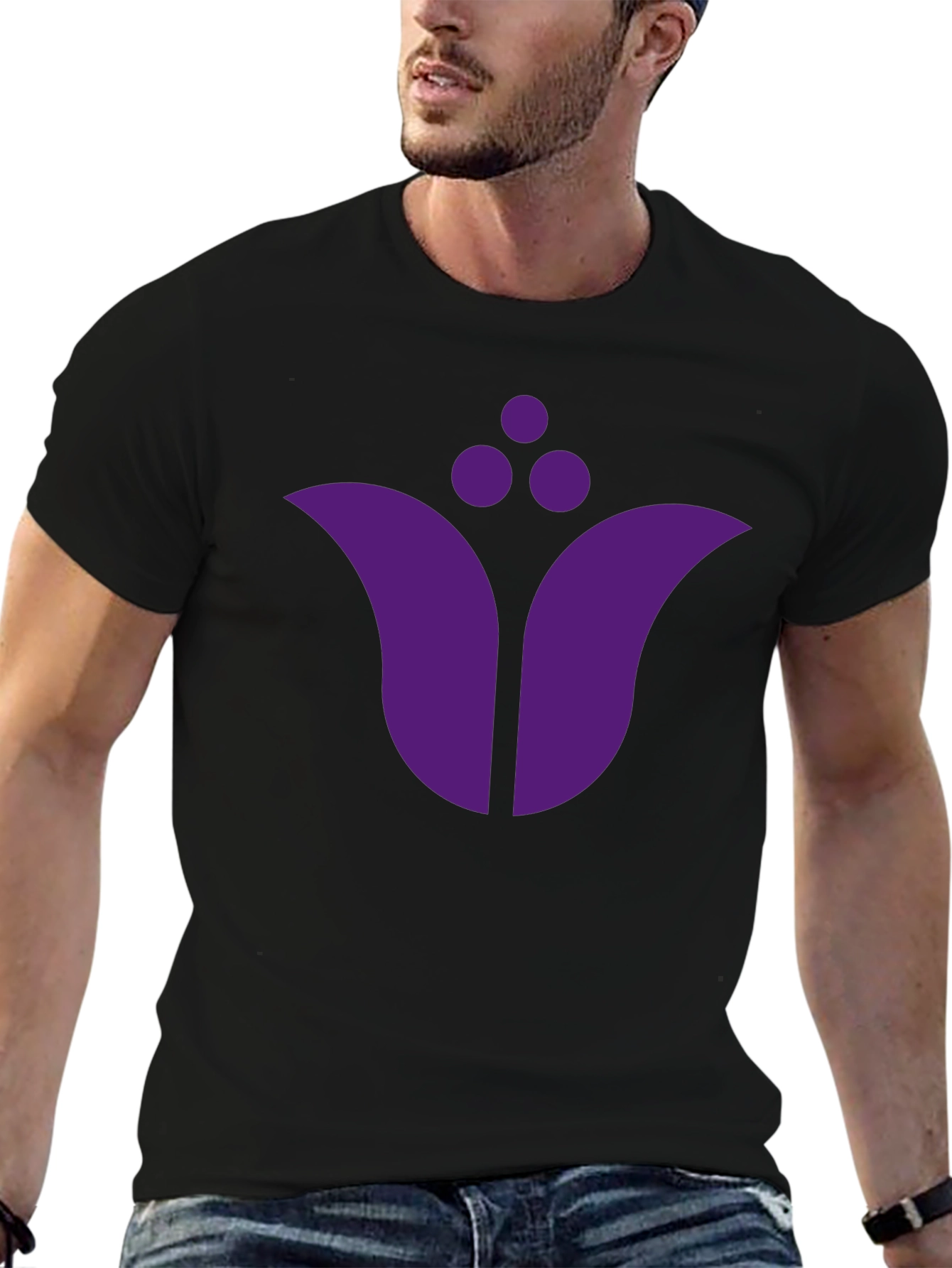 Black T-Shirt with Purple Floral Emblem