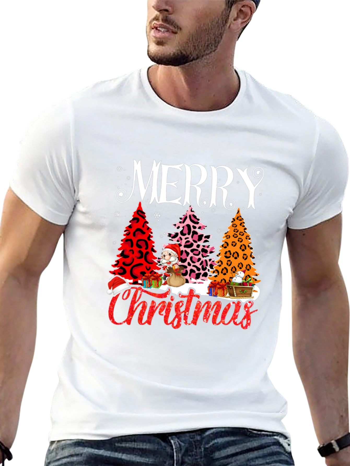 Merry Christmas T-Shirt - Holiday Leopard Print Trees