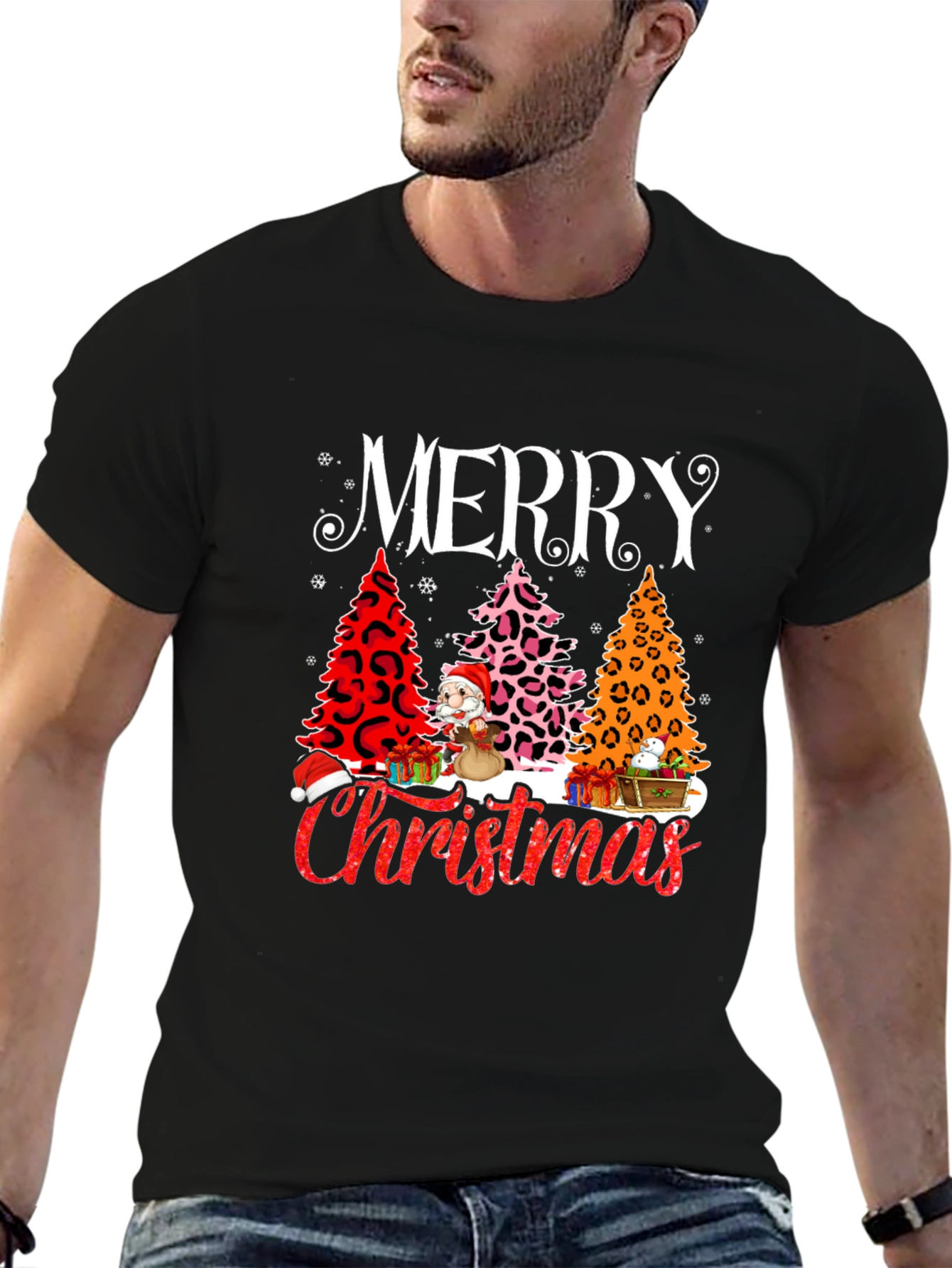 Merry Christmas T-Shirt - Holiday Leopard Print Trees