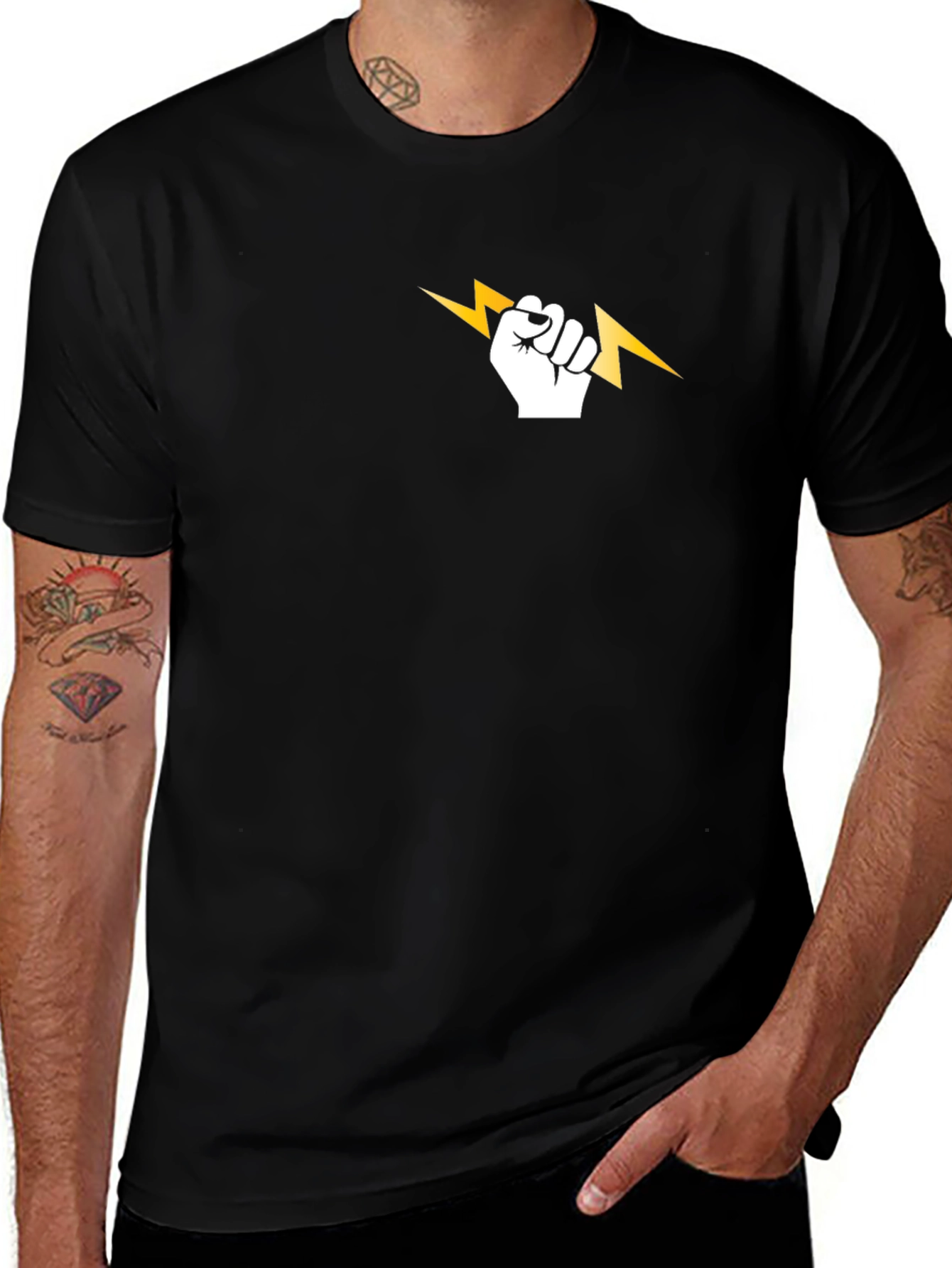 Black T-Shirt with Lightning Bolt Fist Graphic