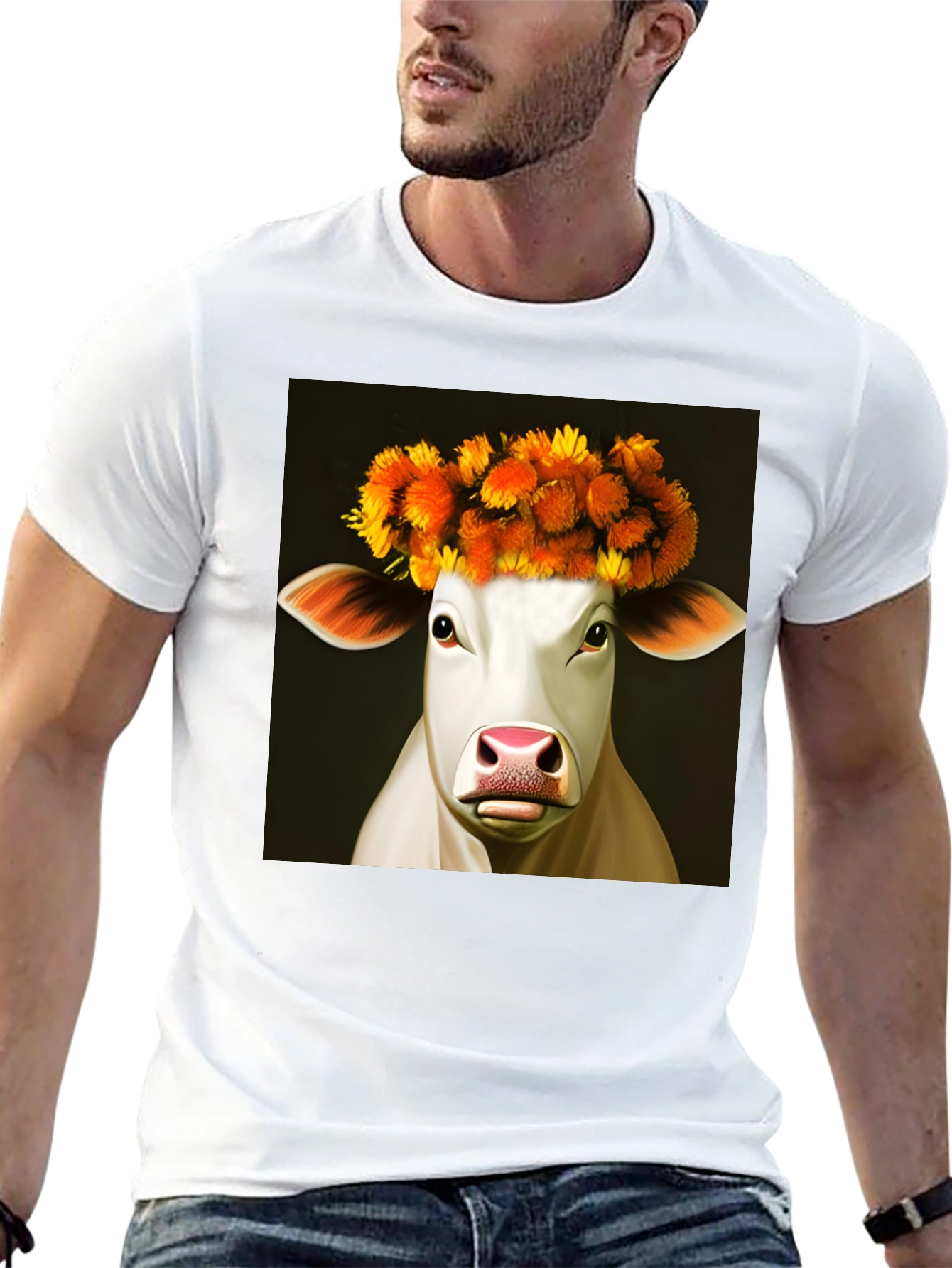 Cow with Flower Crown Graphic Tee - Black