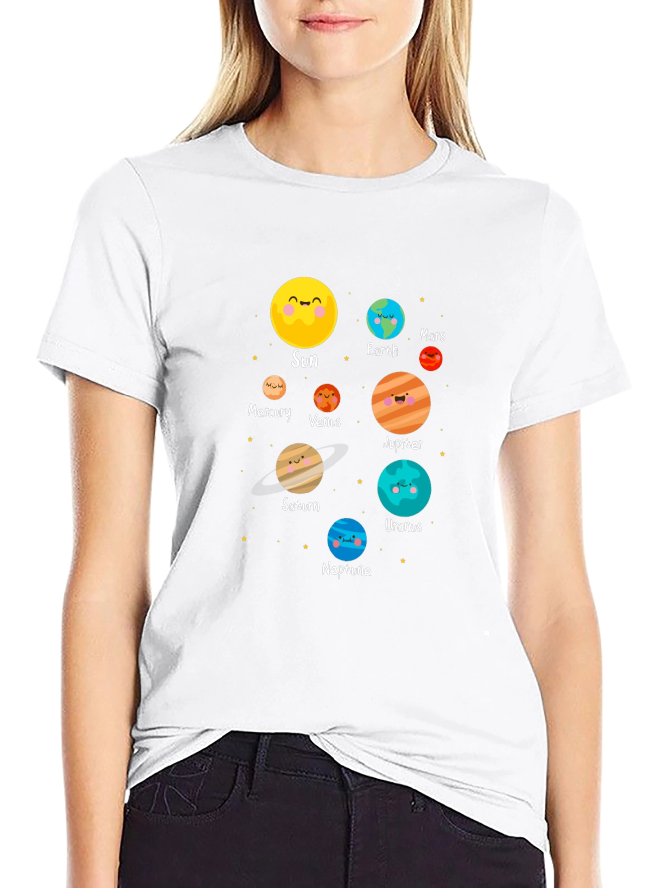 Cartoon Planet Print Black T-Shirt