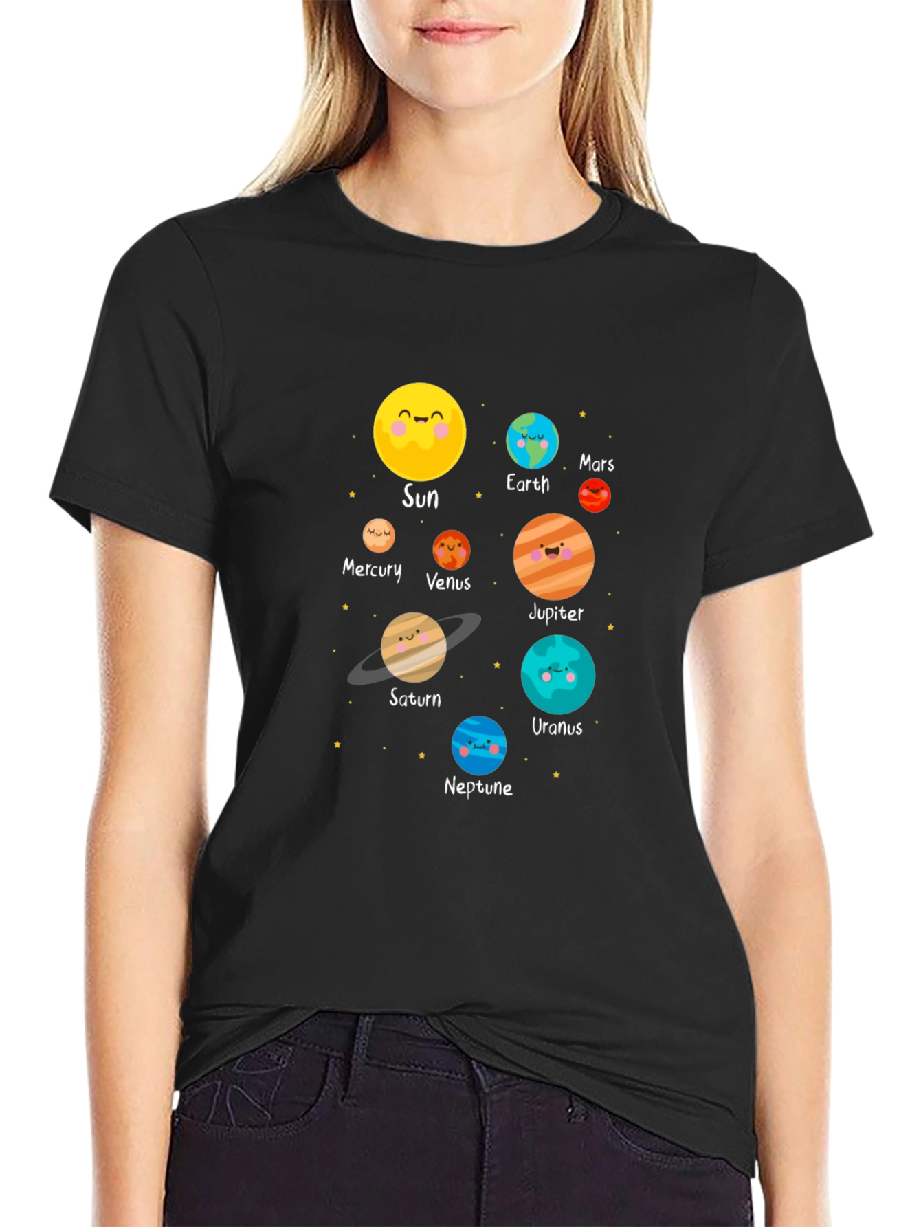 Cartoon Planet Print Black T-Shirt