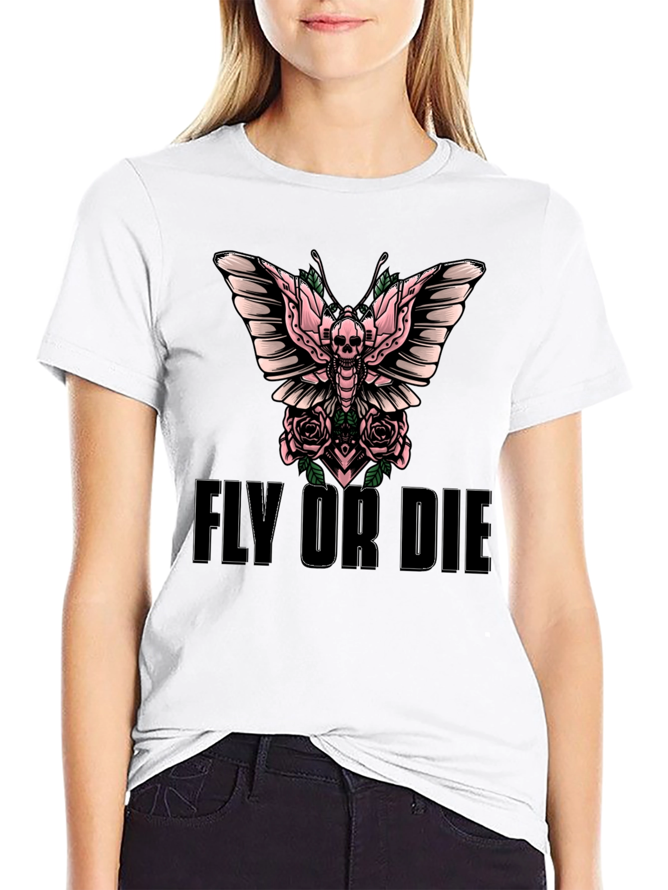 Fly or Die Skull Butterfly Graphic T-Shirt