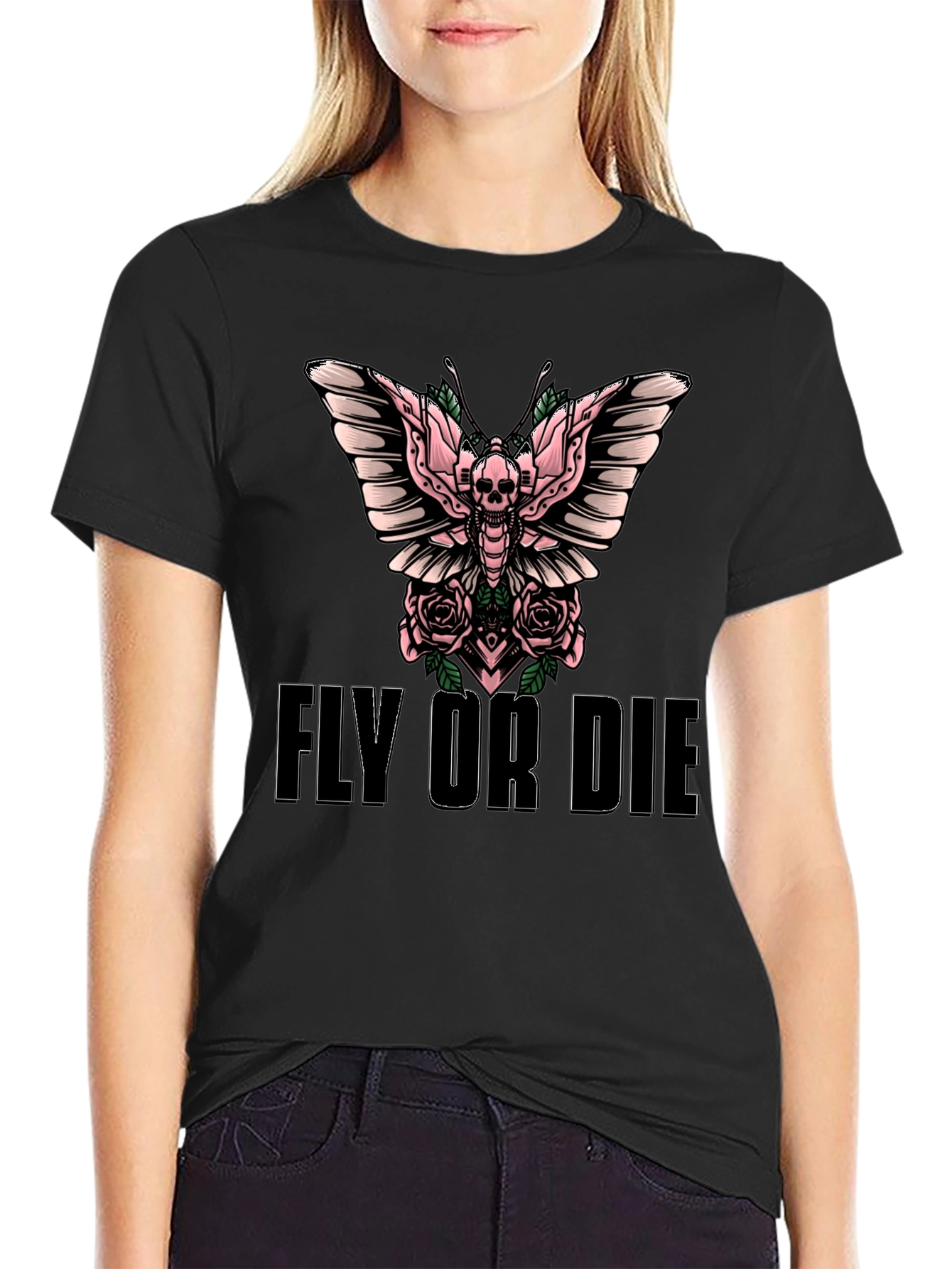 Fly or Die Skull Butterfly Graphic T-Shirt