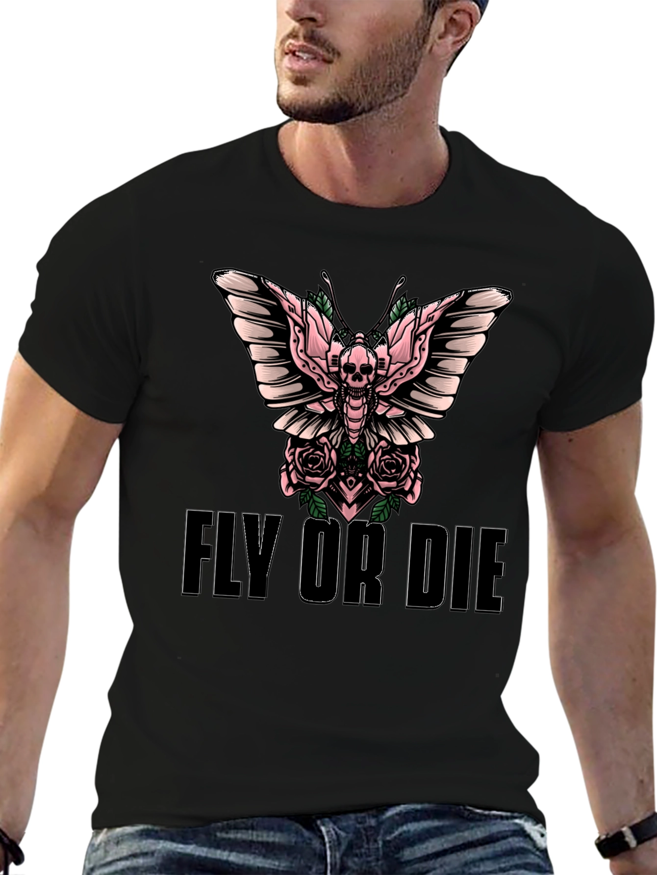 Fly or Die Skull Butterfly Graphic T-Shirt