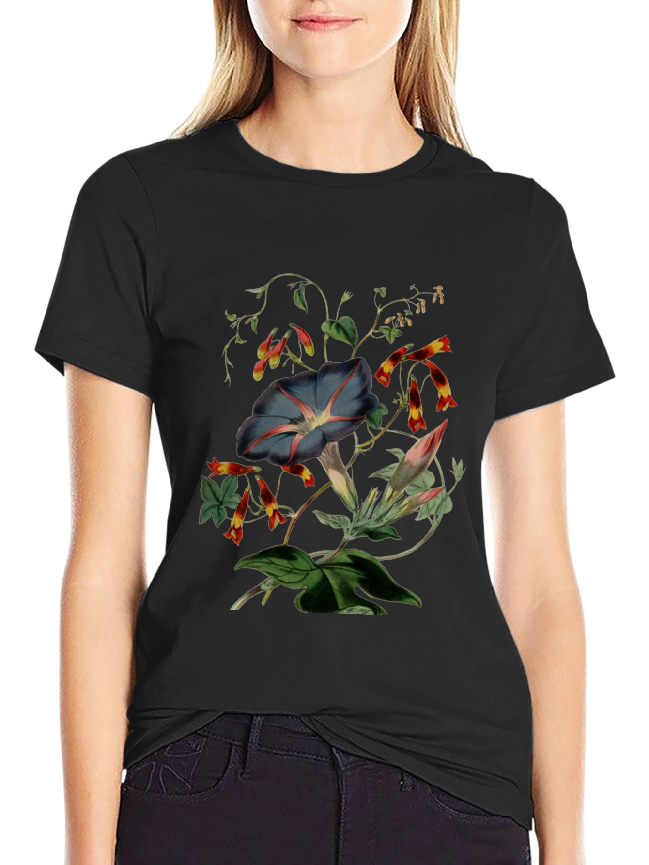 Floral Botanical Print Black T-Shirt