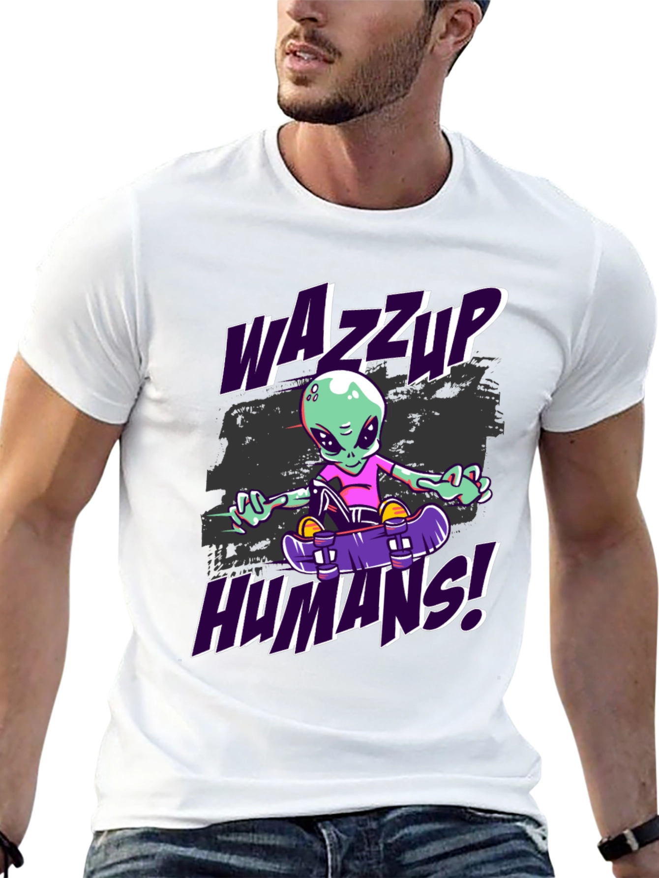 Wazzup Humans Alien Skateboard Graphic T-Shirt