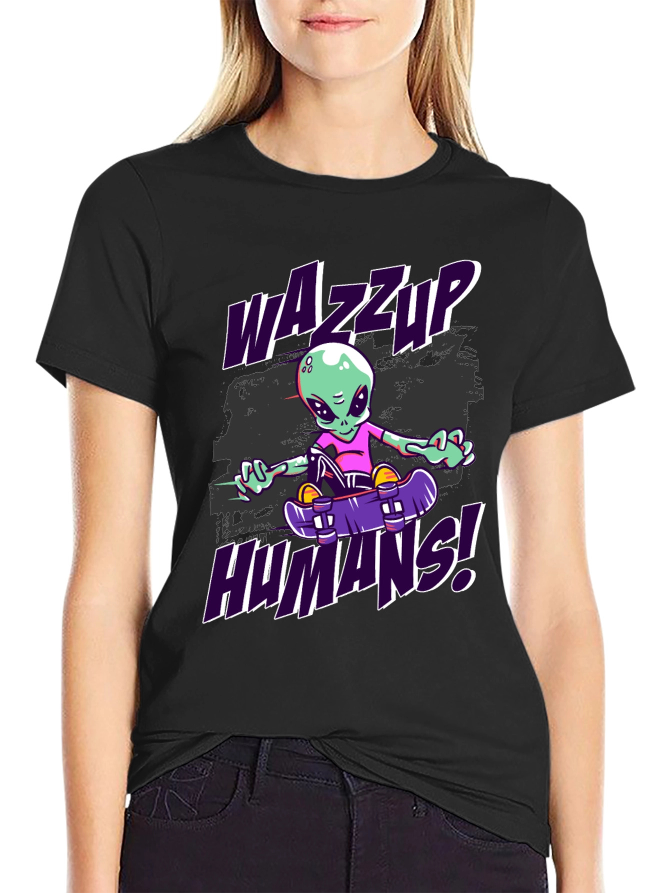 Wazzup Humans Alien Skateboard Graphic T-Shirt