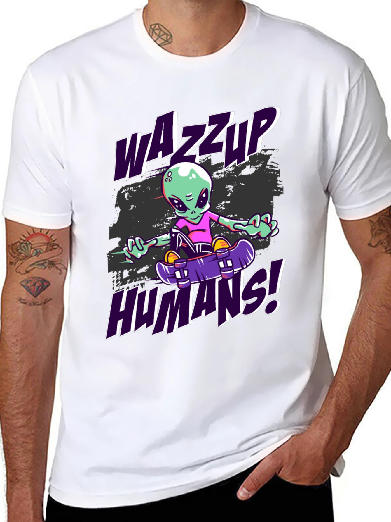 Wazzup Humans Alien Skateboard Graphic T-Shirt