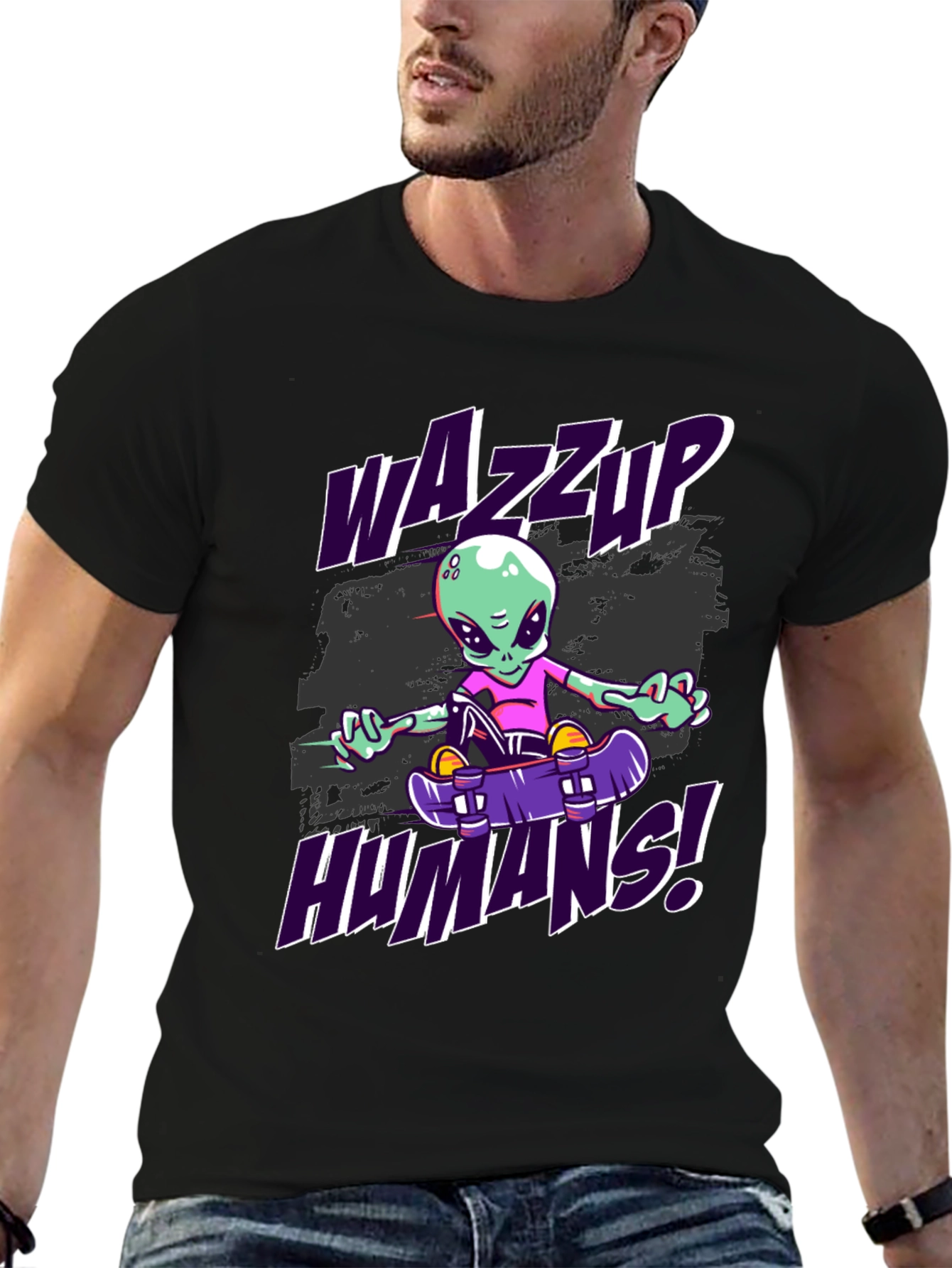 Wazzup Humans Alien Skateboard Graphic T-Shirt