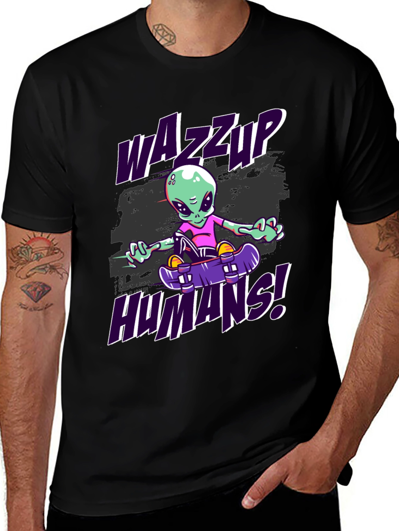 Wazzup Humans Alien Skateboard Graphic T-Shirt