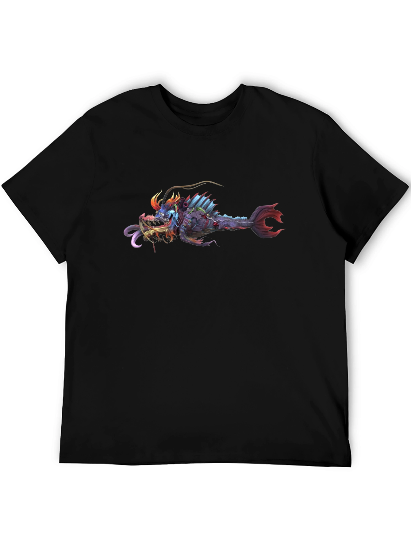 Black T-Shirt with Graphic Monster Fish Print