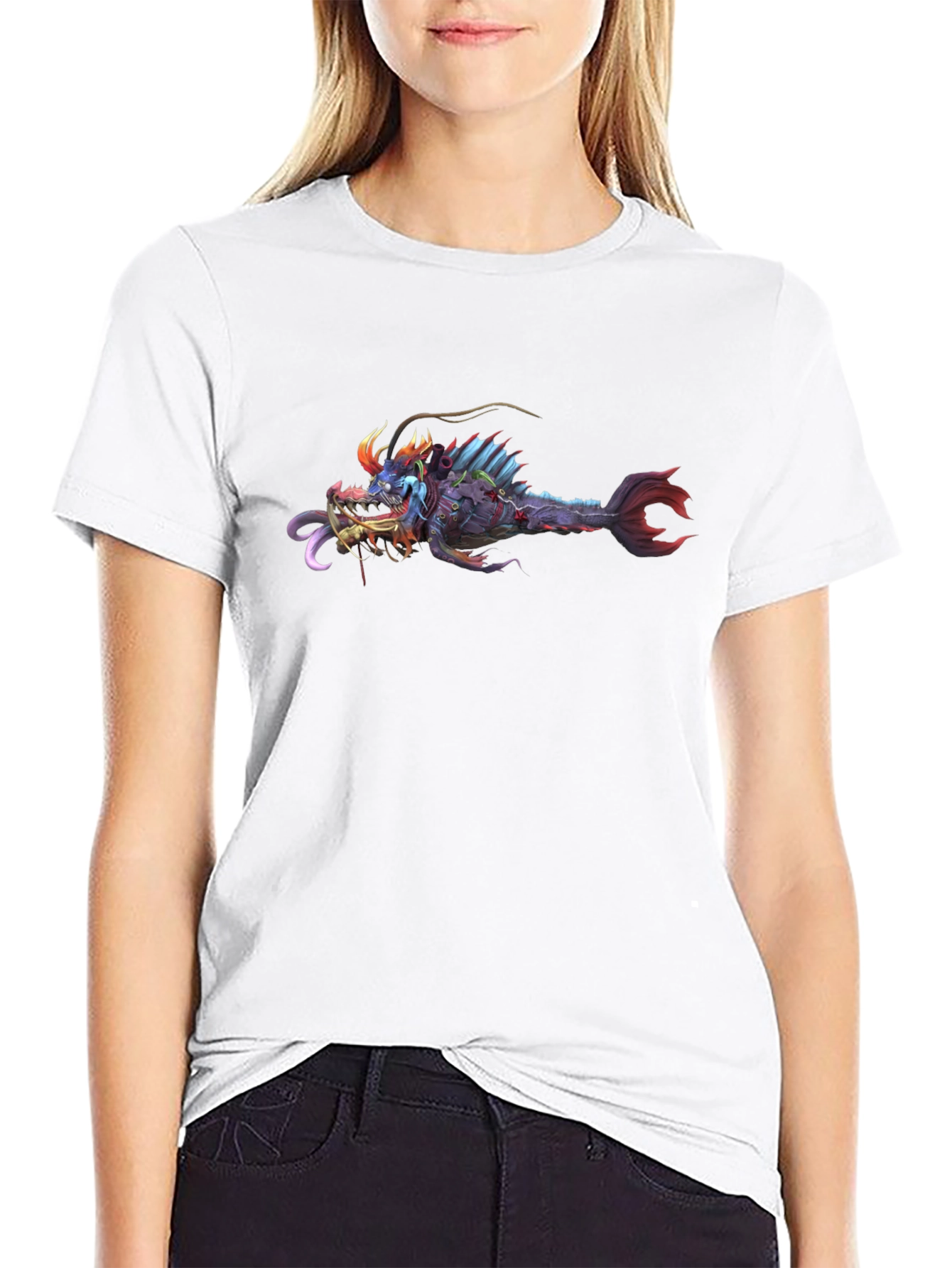 Black T-Shirt with Graphic Monster Fish Print