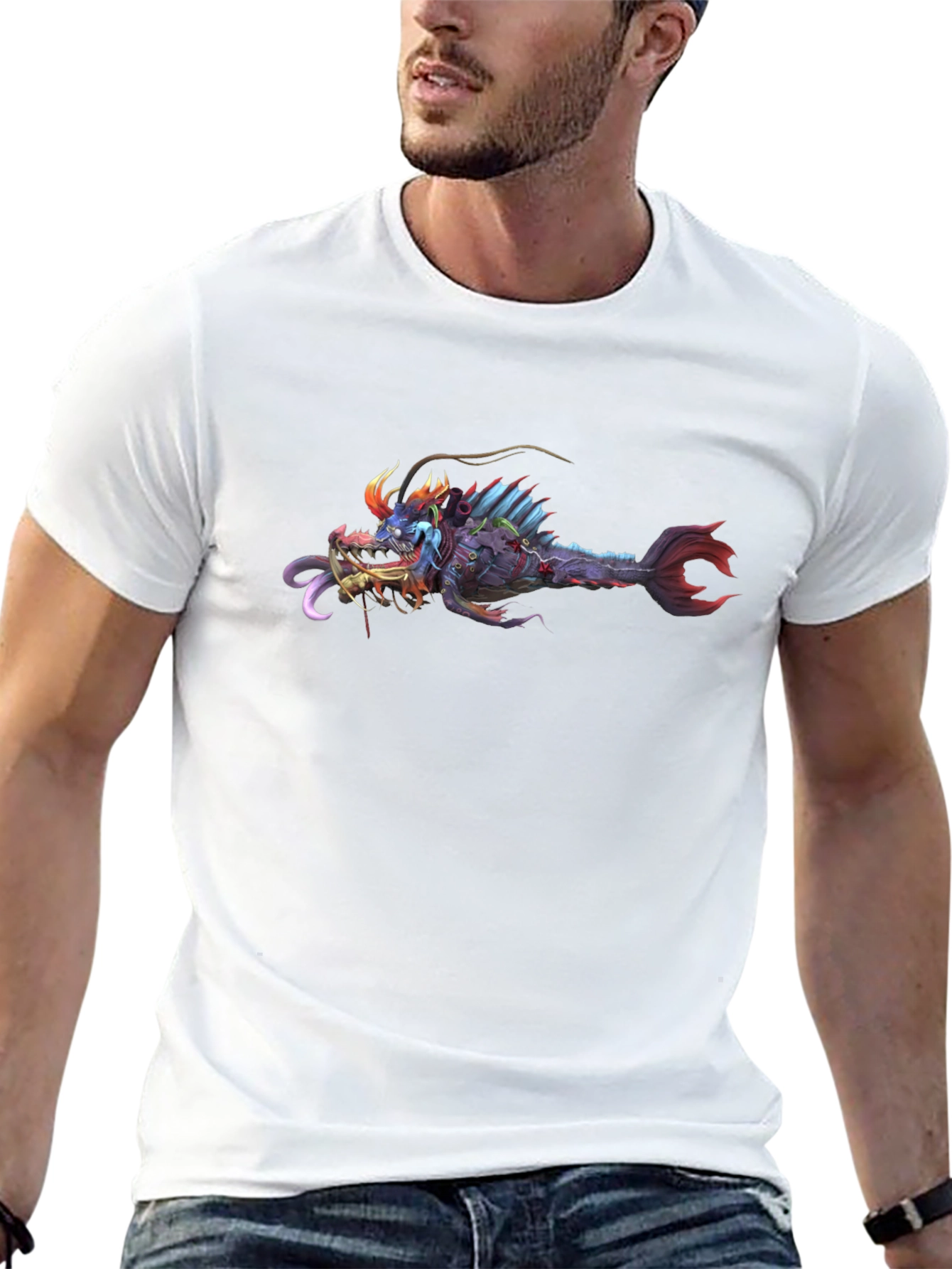 Black T-Shirt with Graphic Monster Fish Print