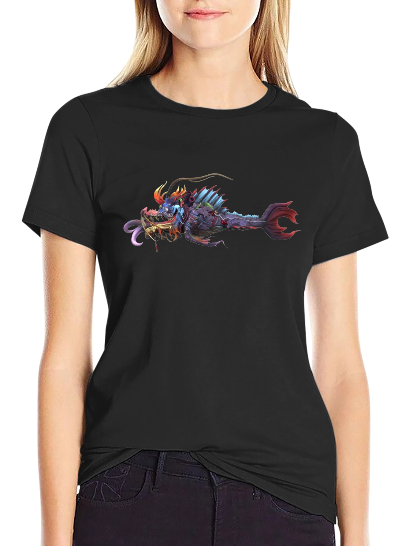 Black T-Shirt with Graphic Monster Fish Print
