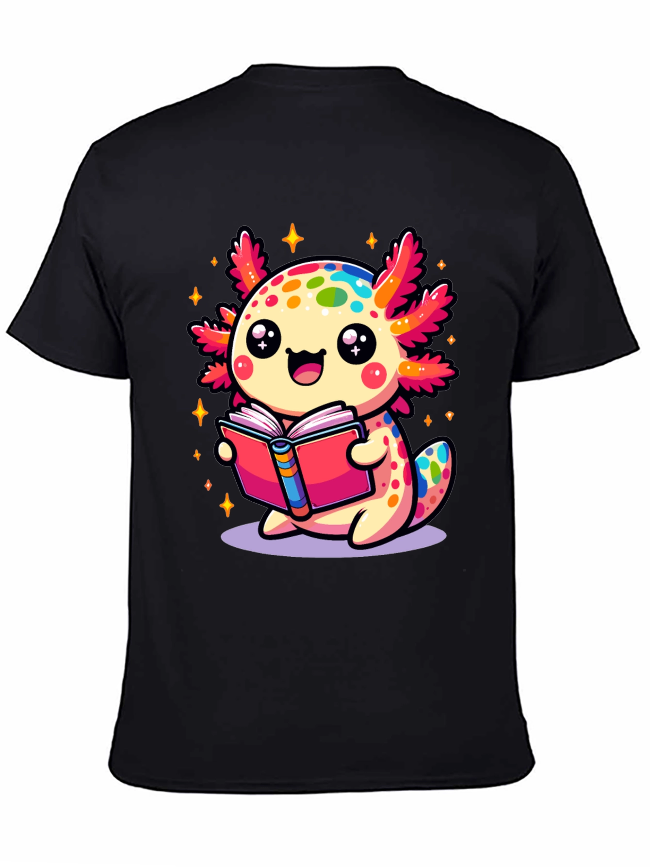 Cute Axolotl Reading Book Black T-Shirt