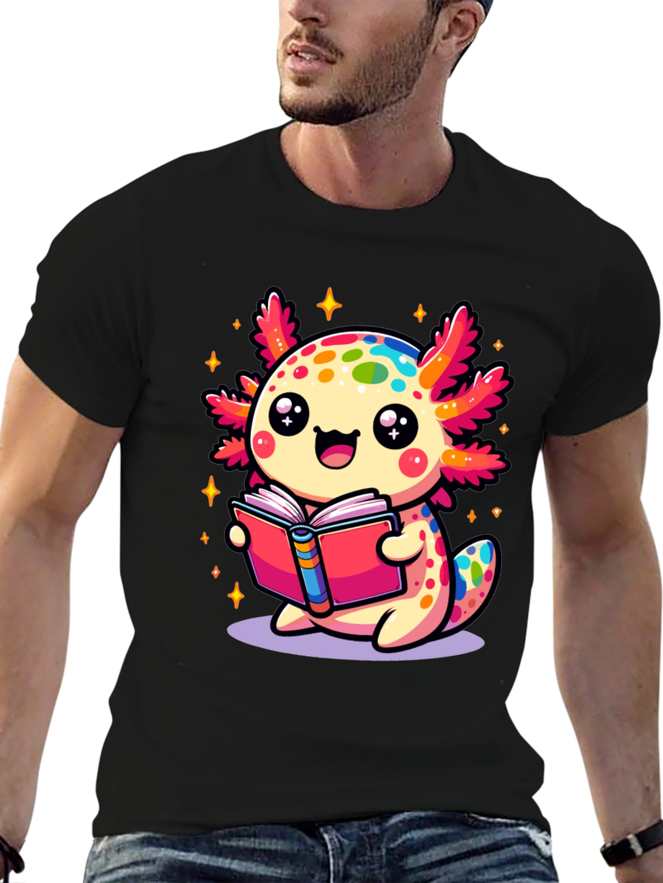 Cute Axolotl Reading Book Black T-Shirt