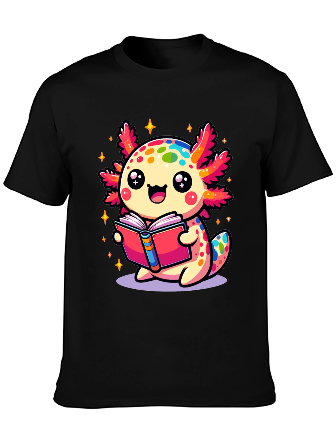 Cute Axolotl Reading Book Black T-Shirt
