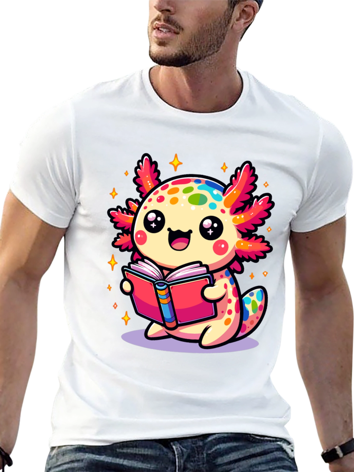 Cute Axolotl Reading Book Black T-Shirt