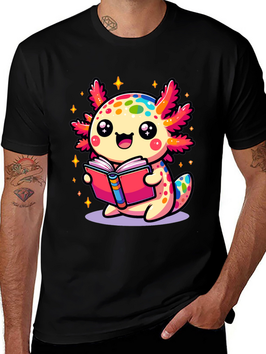 Cute Axolotl Reading Book Black T-Shirt