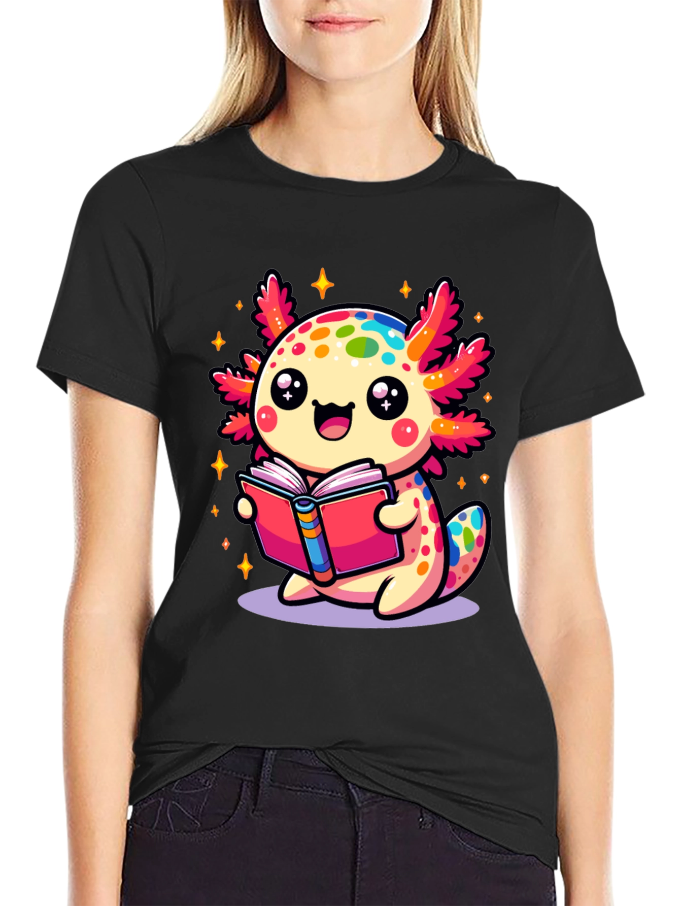 Cute Axolotl Reading Book Black T-Shirt