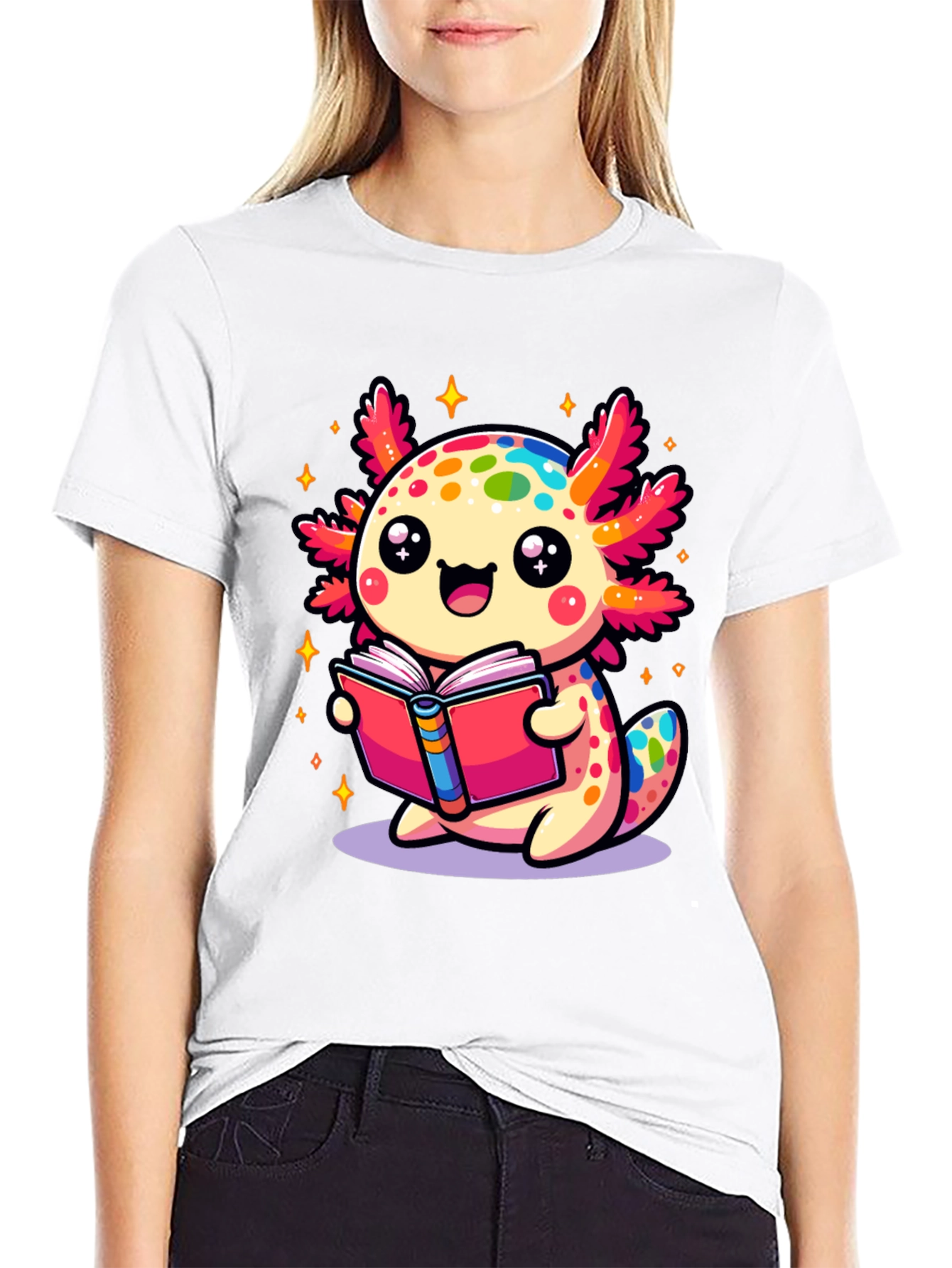 Cute Axolotl Reading Book Black T-Shirt