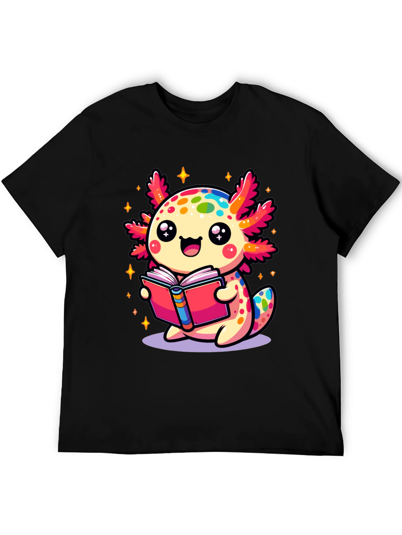 Cute Axolotl Reading Book Black T-Shirt