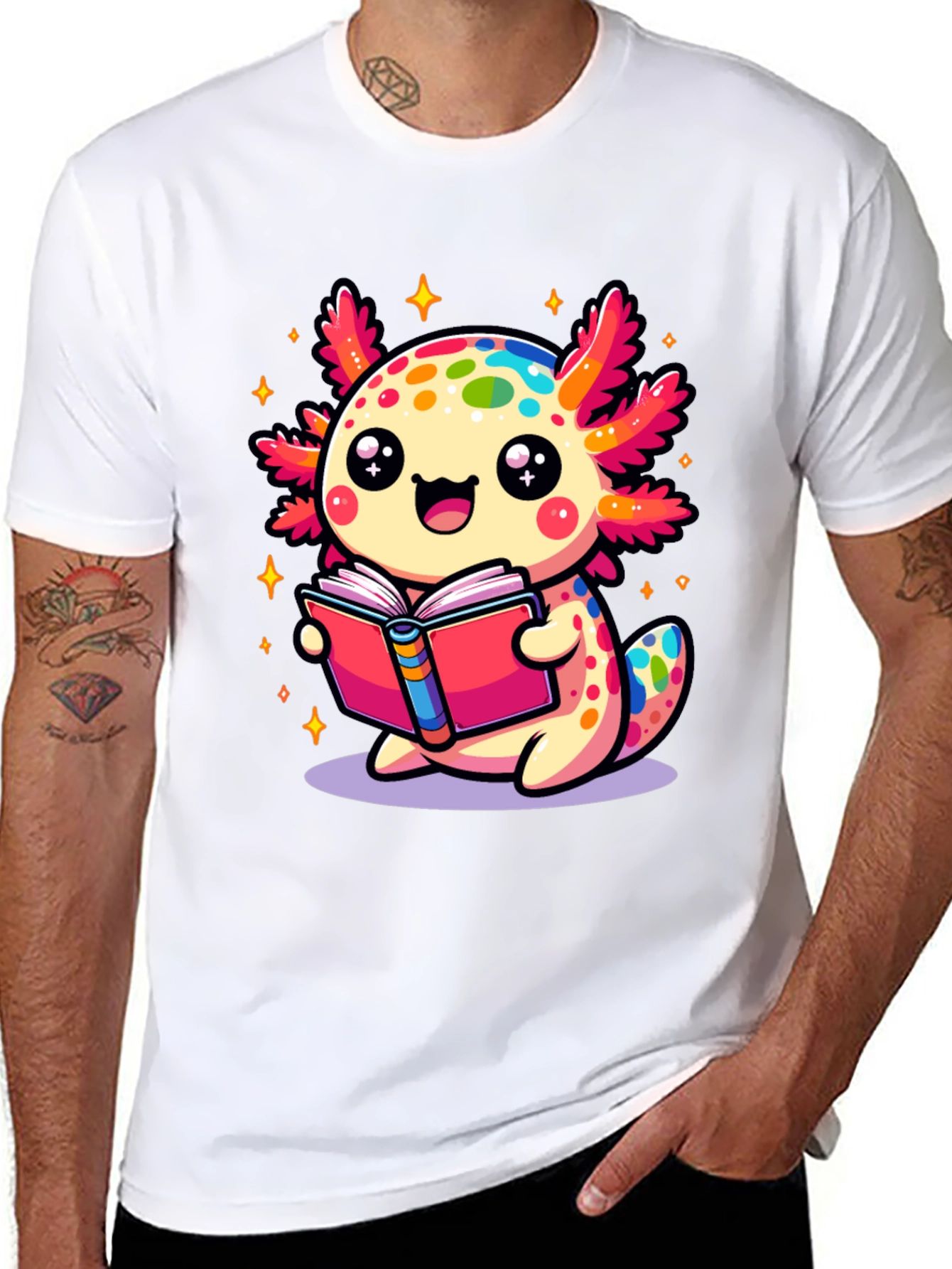 Cute Axolotl Reading Book Black T-Shirt