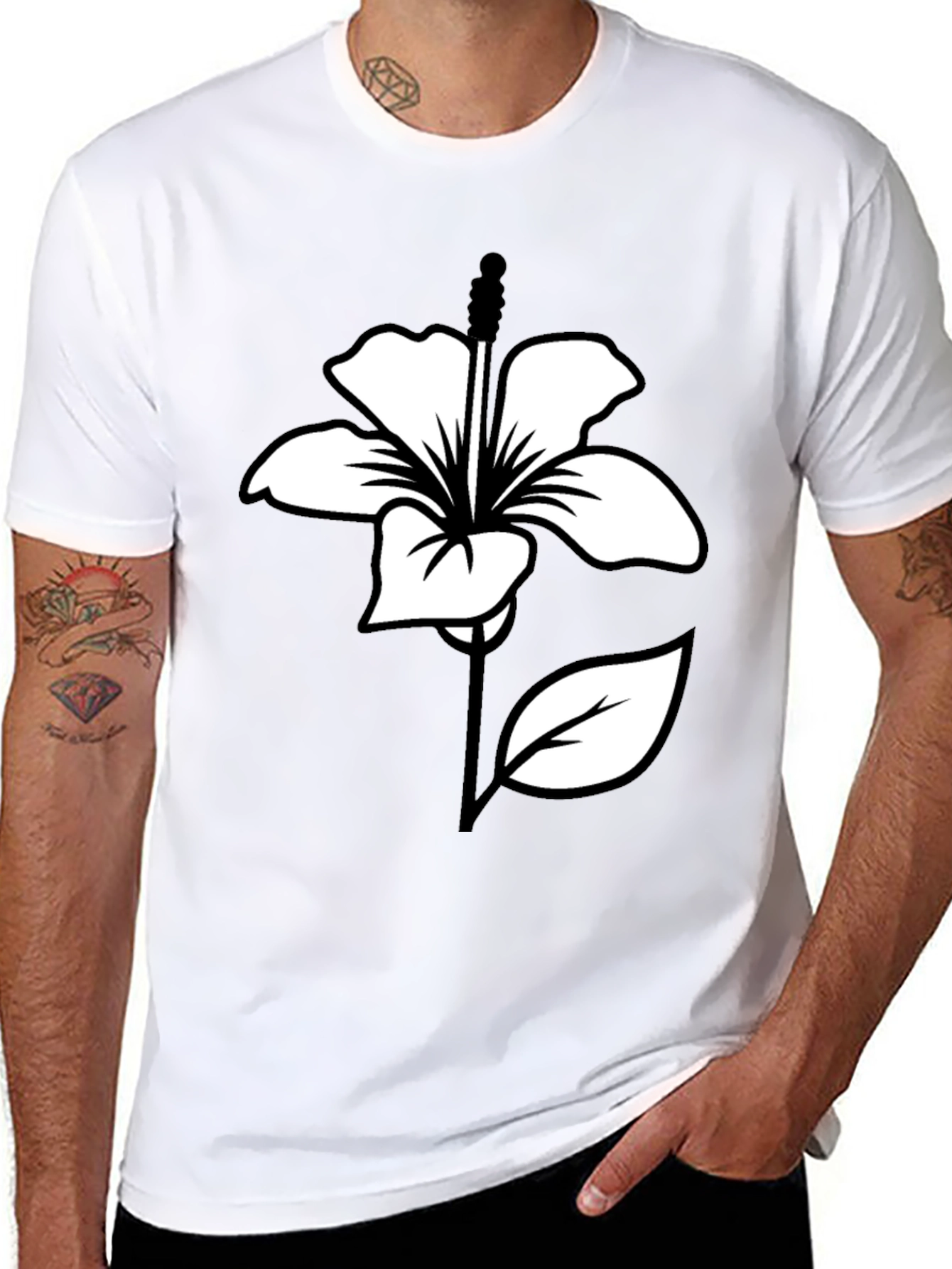 Black T-Shirt with White Hibiscus Flower Graphic