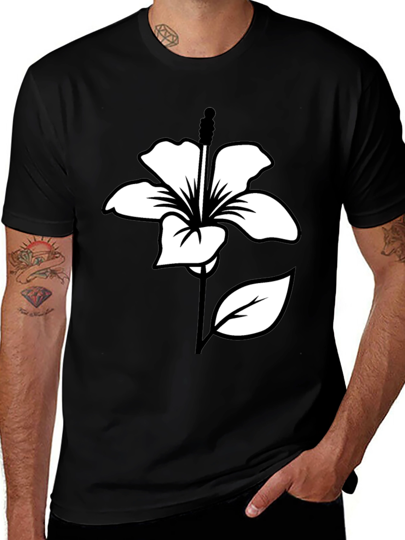 Black T-Shirt with White Hibiscus Flower Graphic