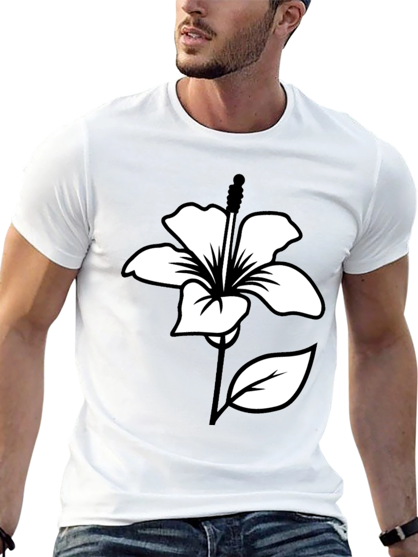 Black T-Shirt with White Hibiscus Flower Graphic